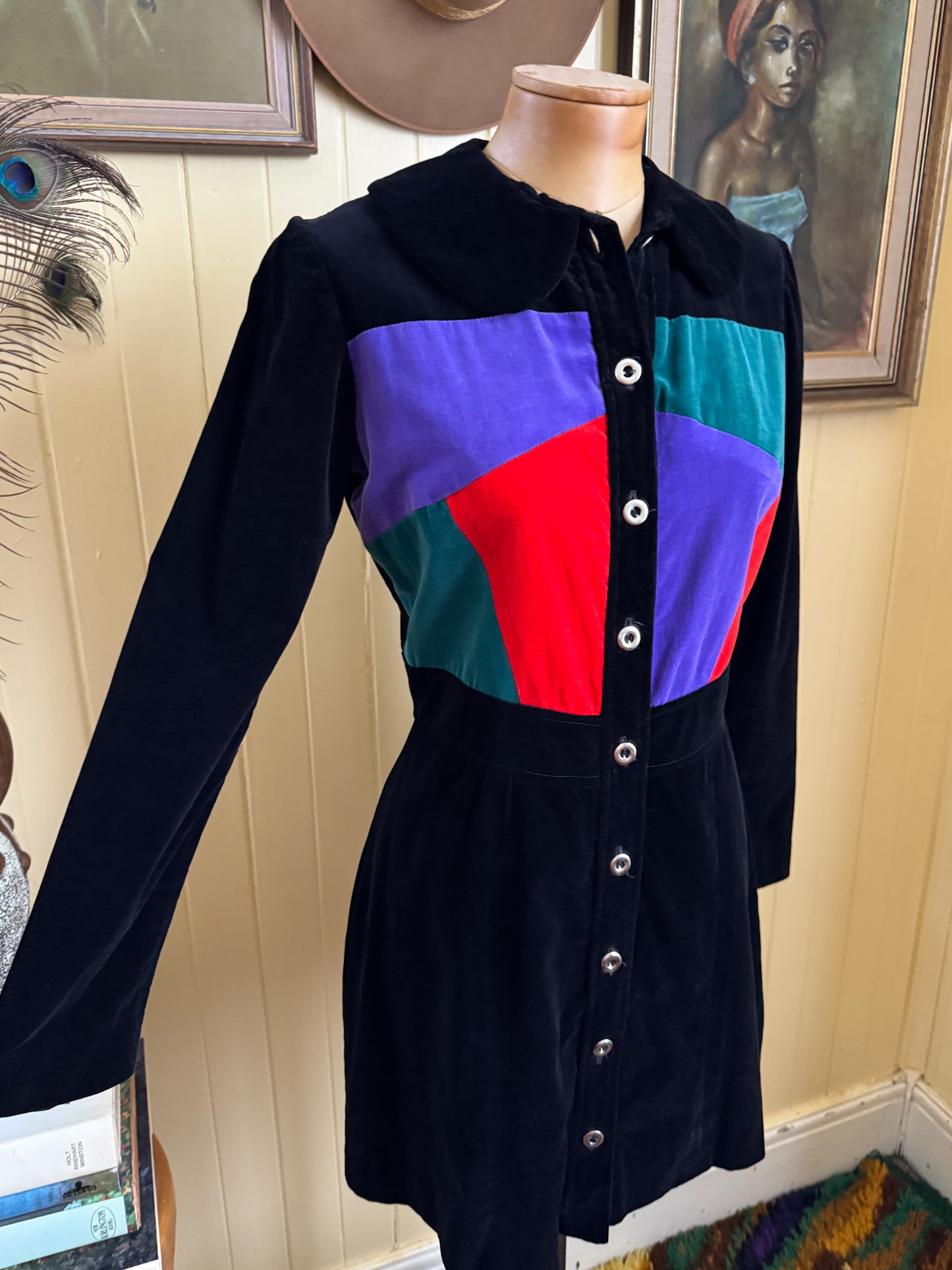 VINTAGE 1970S EMMA COTTON VELVET COLOUR BLOCK MINI DRESS S