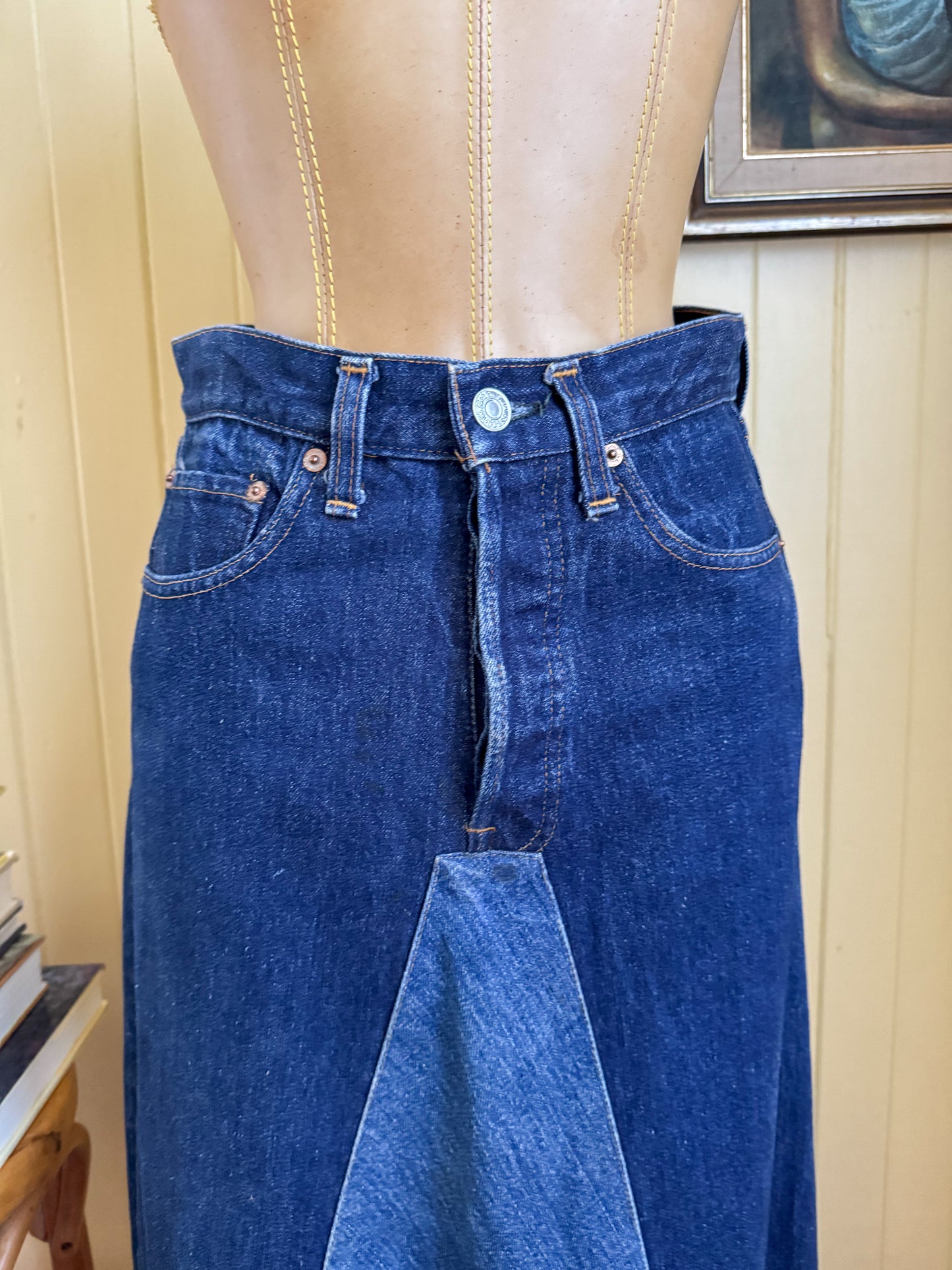 VINTAGE REWORKED LEVI’S COTTON DENIM PATCHWORK MIDI SKIRT S