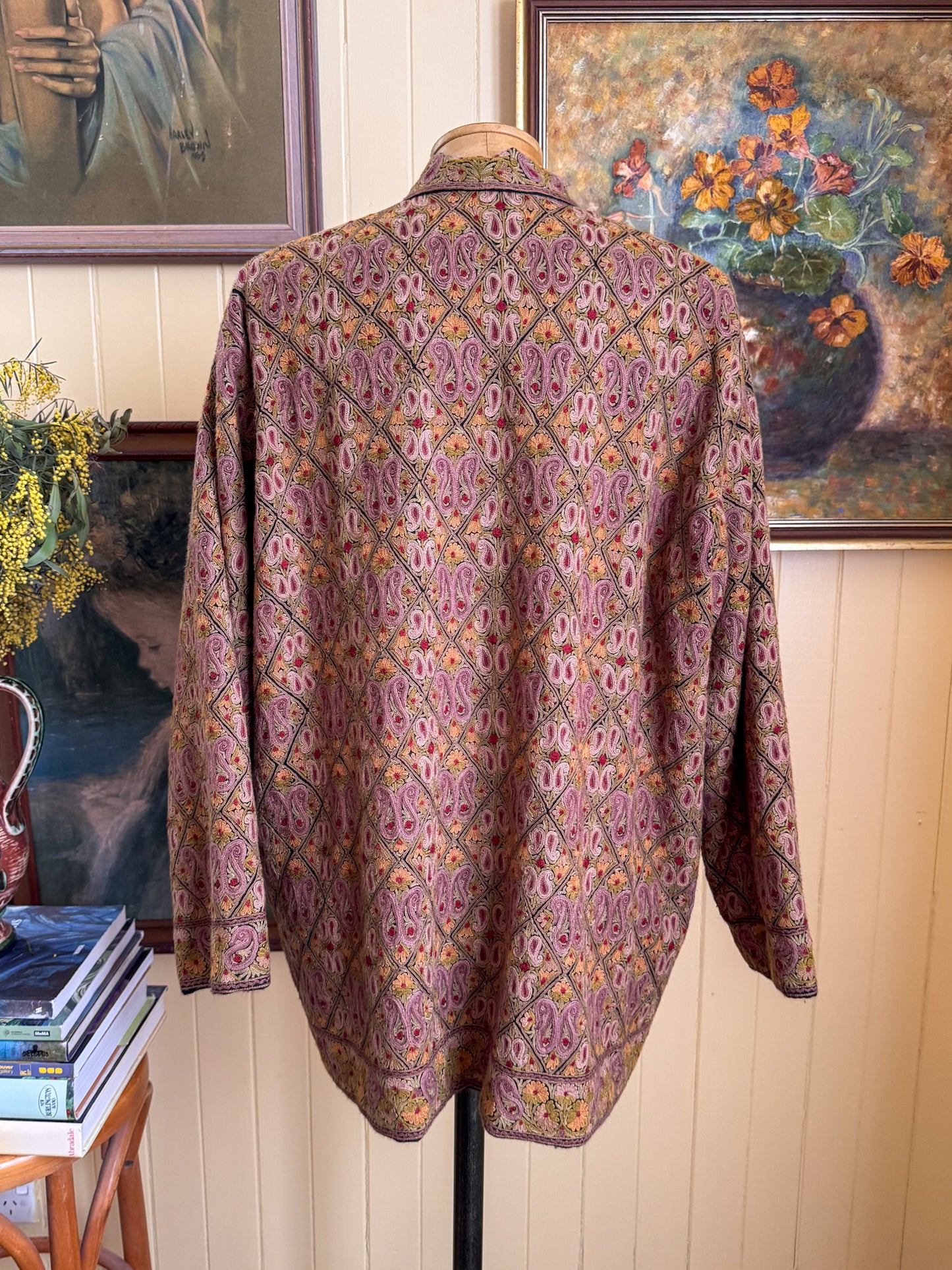 VINTAGE KASHMIR INDIAN PURE WOOL EMBROIDERED BUTTON THROUGH JACKET L
