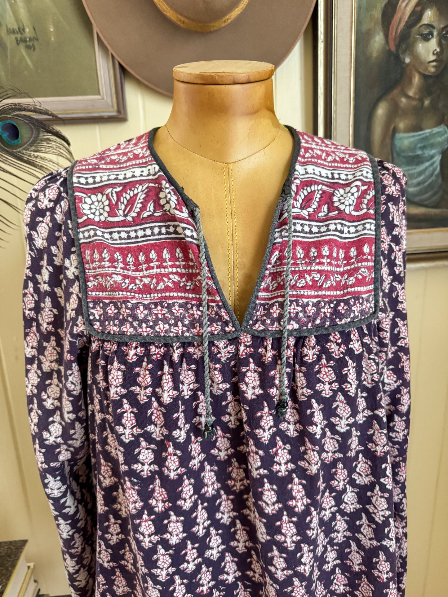 VINTAGE 1970S MALIKA INDIAN COTTON BLOCK PRINT FOLK BLOUSE S/M