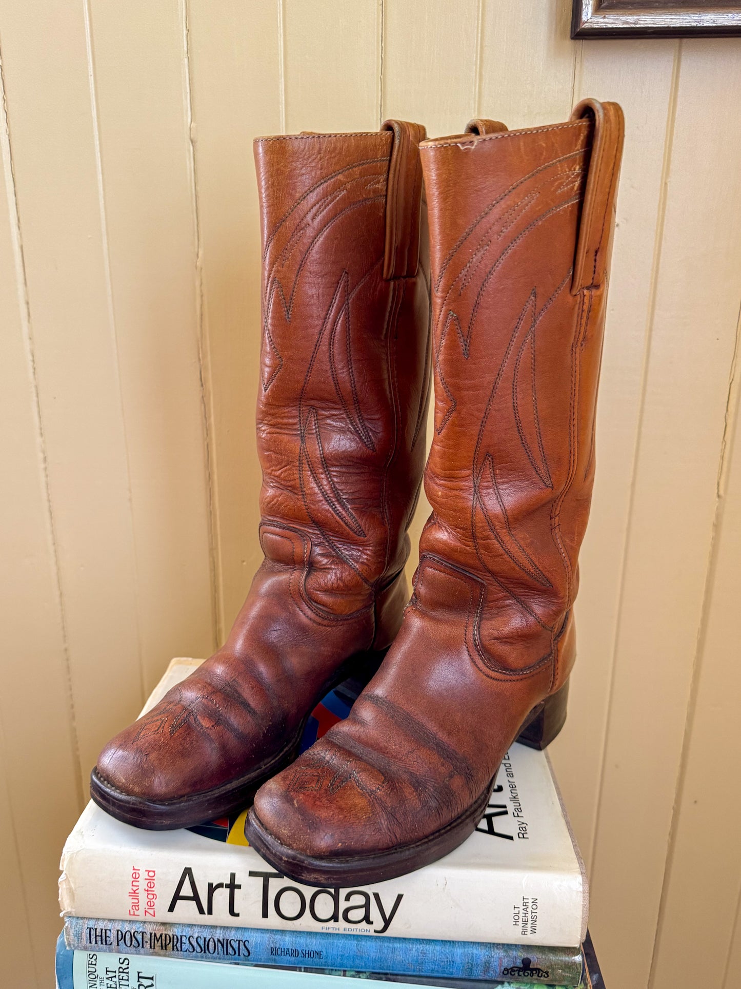 VINTAGE 1970S RARE FRYE BLACK LABEL CAMPUS LEATHER TALL EMBROIDERED BOOTS 39/8.5