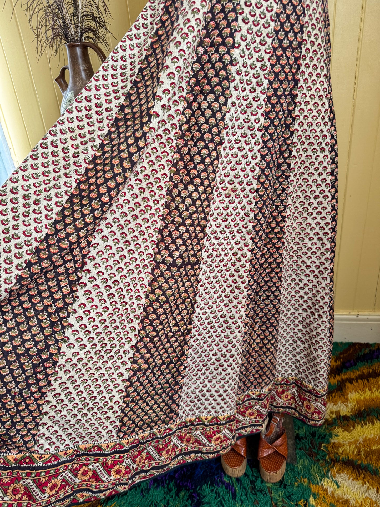 VINTAGE 1970S ANOKHI FOR MYRIAD INDIAN COTTON BLOCK PRINT STRAPPY MAXI DRESS XS