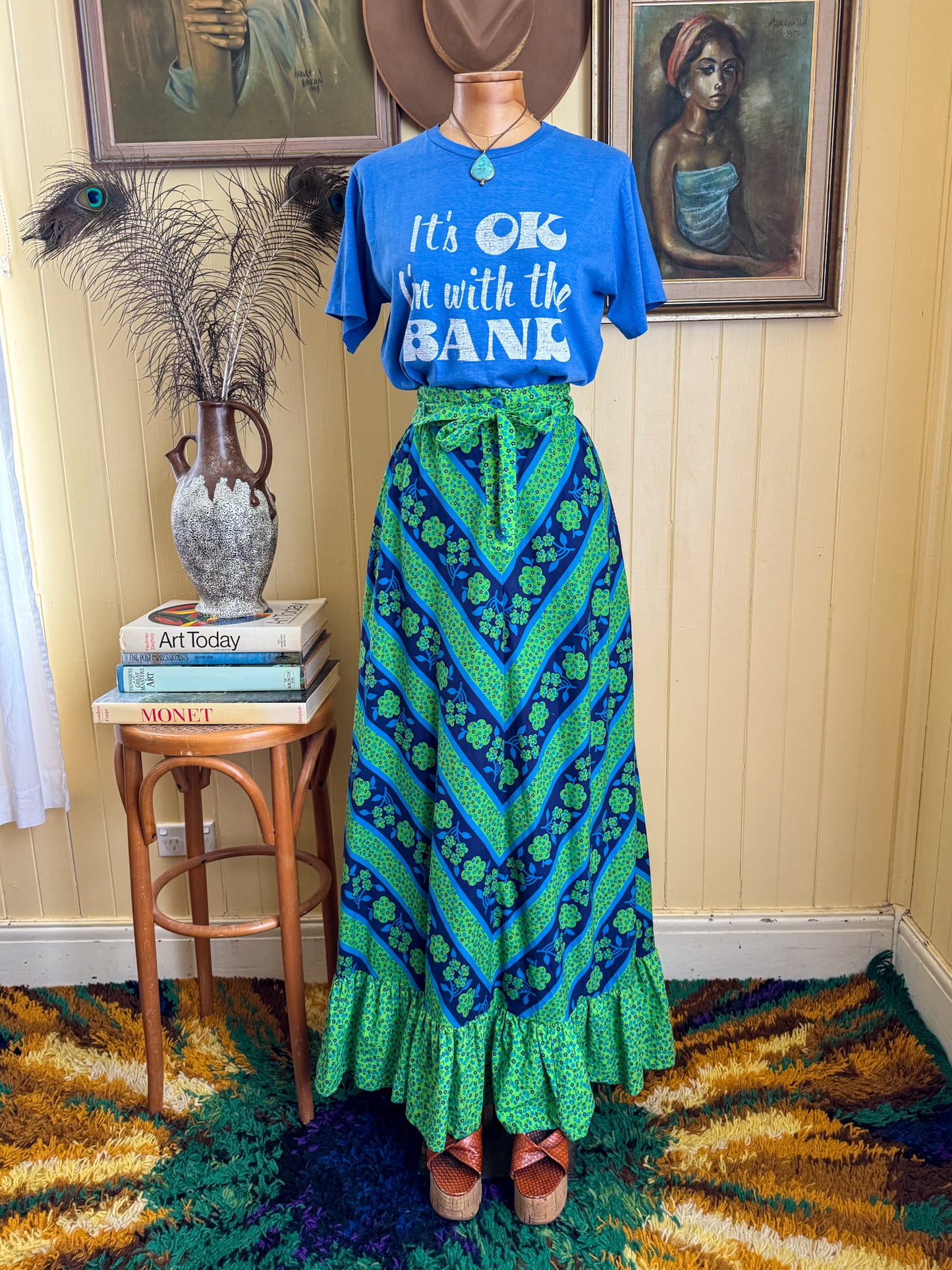 VINTAGE 1970S JAKI K COTTON FLORAL PRINT RUFFLE MAXI SKIRT XS/S