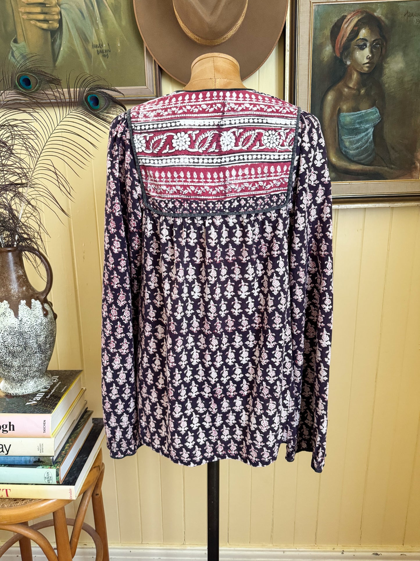 VINTAGE 1970S MALIKA INDIAN COTTON BLOCK PRINT FOLK BLOUSE S/M