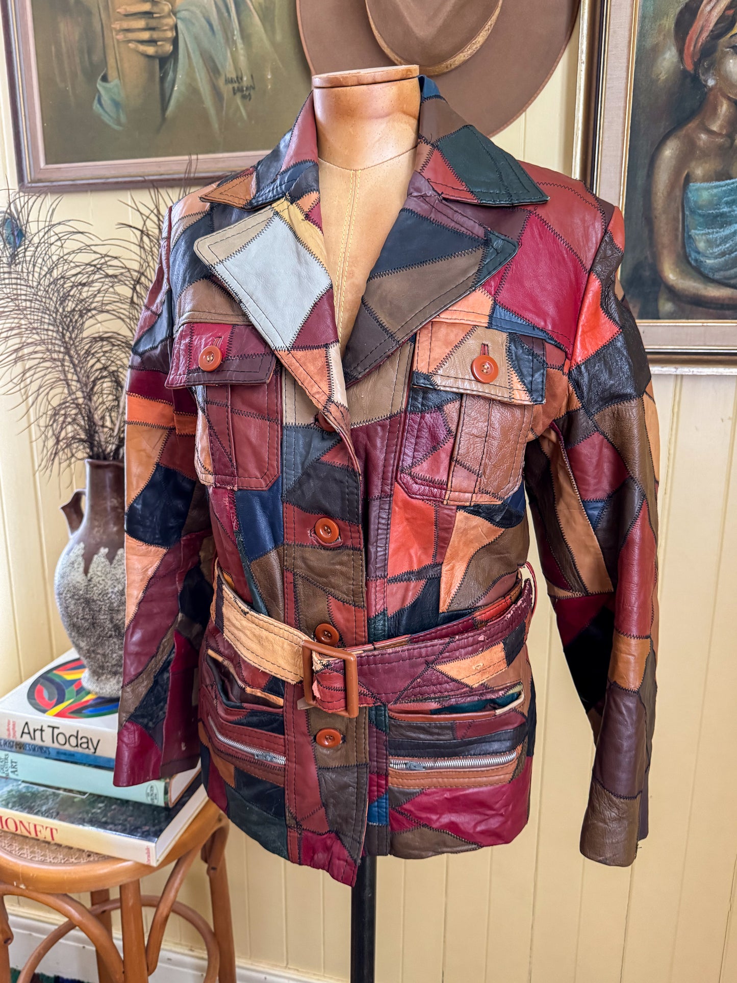 VINTAGE 1970S KOREAN PATCHWORK LEATHER SAFARI BELTED JACKET M