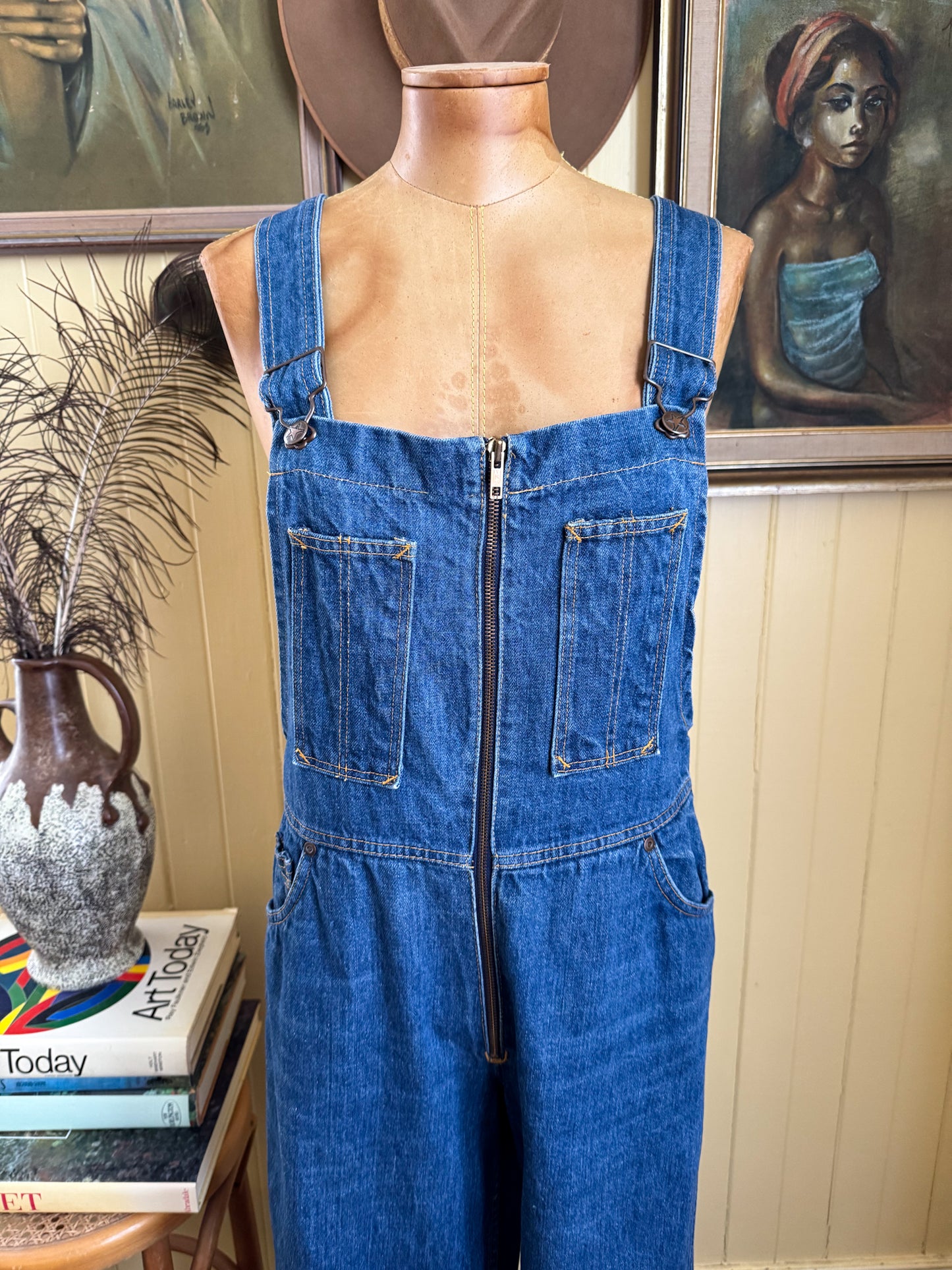 VINTAGE 1970S HASH COTTON DENIM WIDE LEG DUNGAREES OVERALLS M
