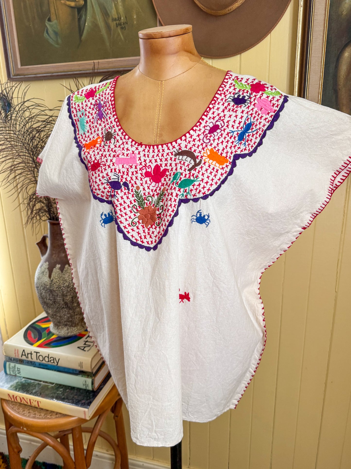 HANDMADE MEXICAN NATURAL COTTON EMBROIDERED HUIPIL TOP L/XL
