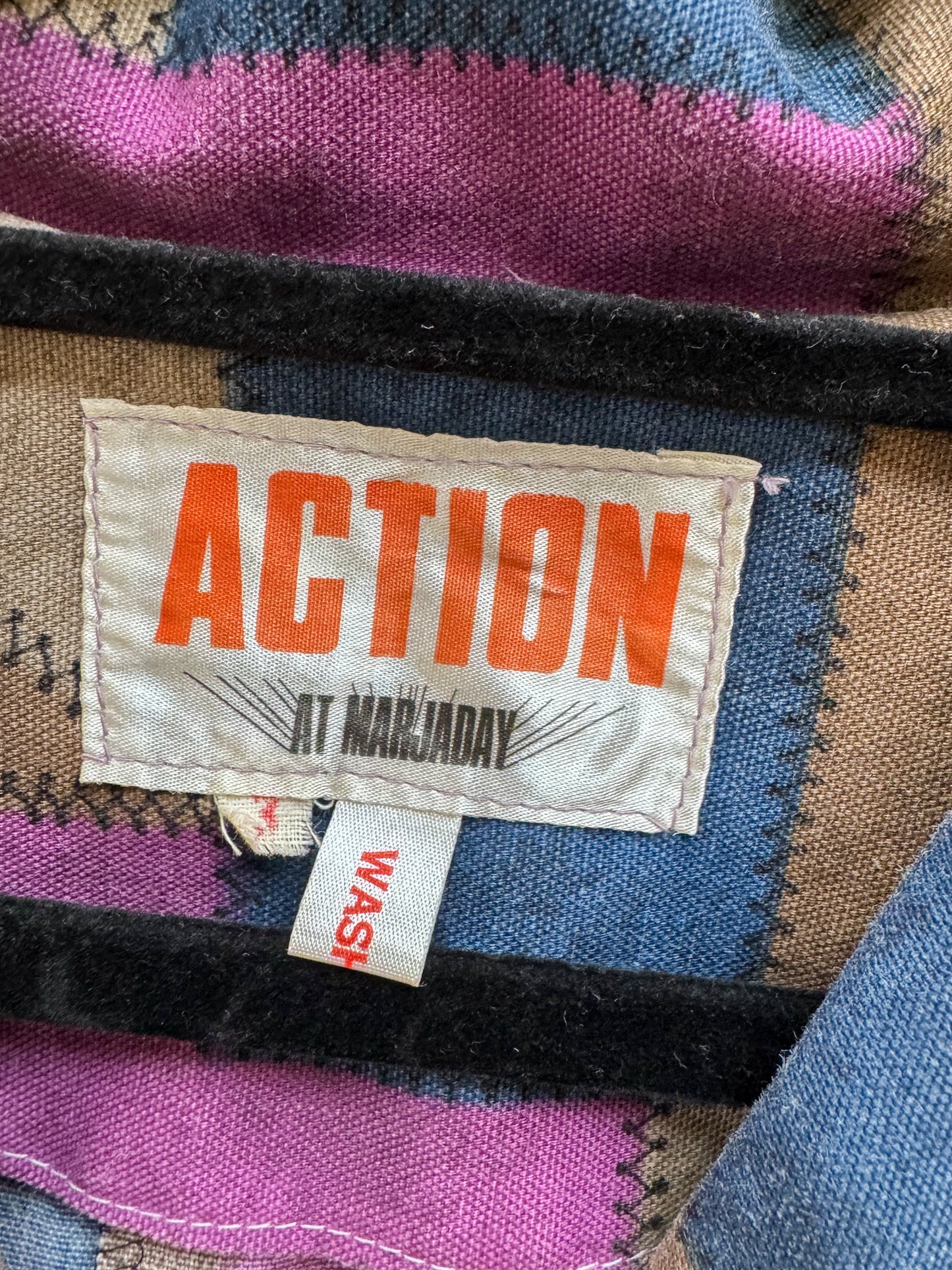 VINTAGE 1970S ACTION PATCHWORK PRINT BLAZER AND MINI SKIRT SET S