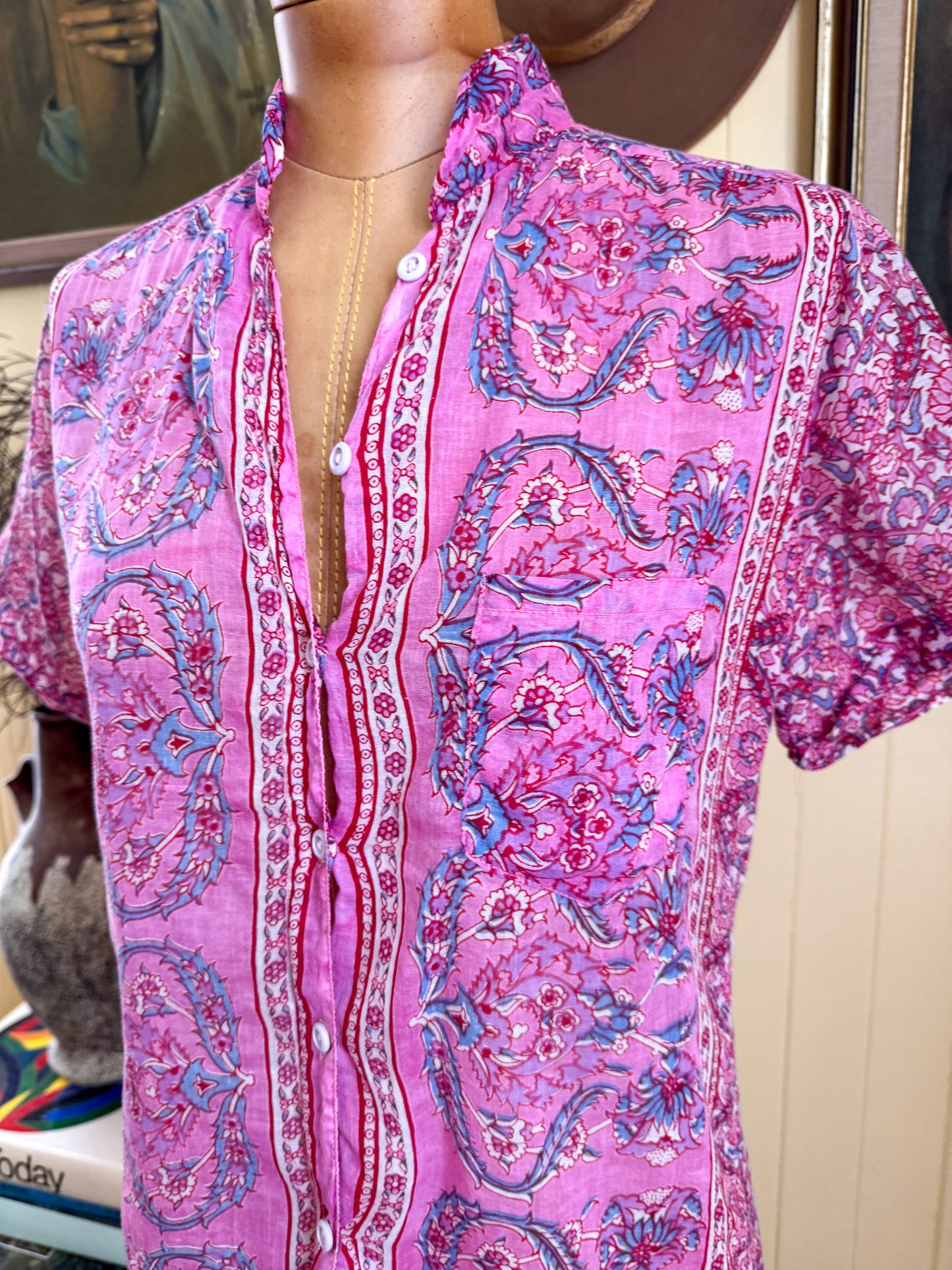 VINTAGE 1970S INDIAN COTTON GAUZE BUTTON UP PRINTED SHIRT S/M