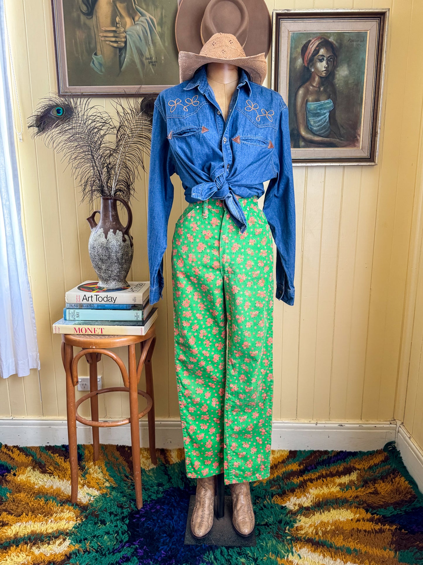 VINTAGE 1980S CORFU CHAMBRAY DENIM EMBROIDERED WESTERN SHIRT M