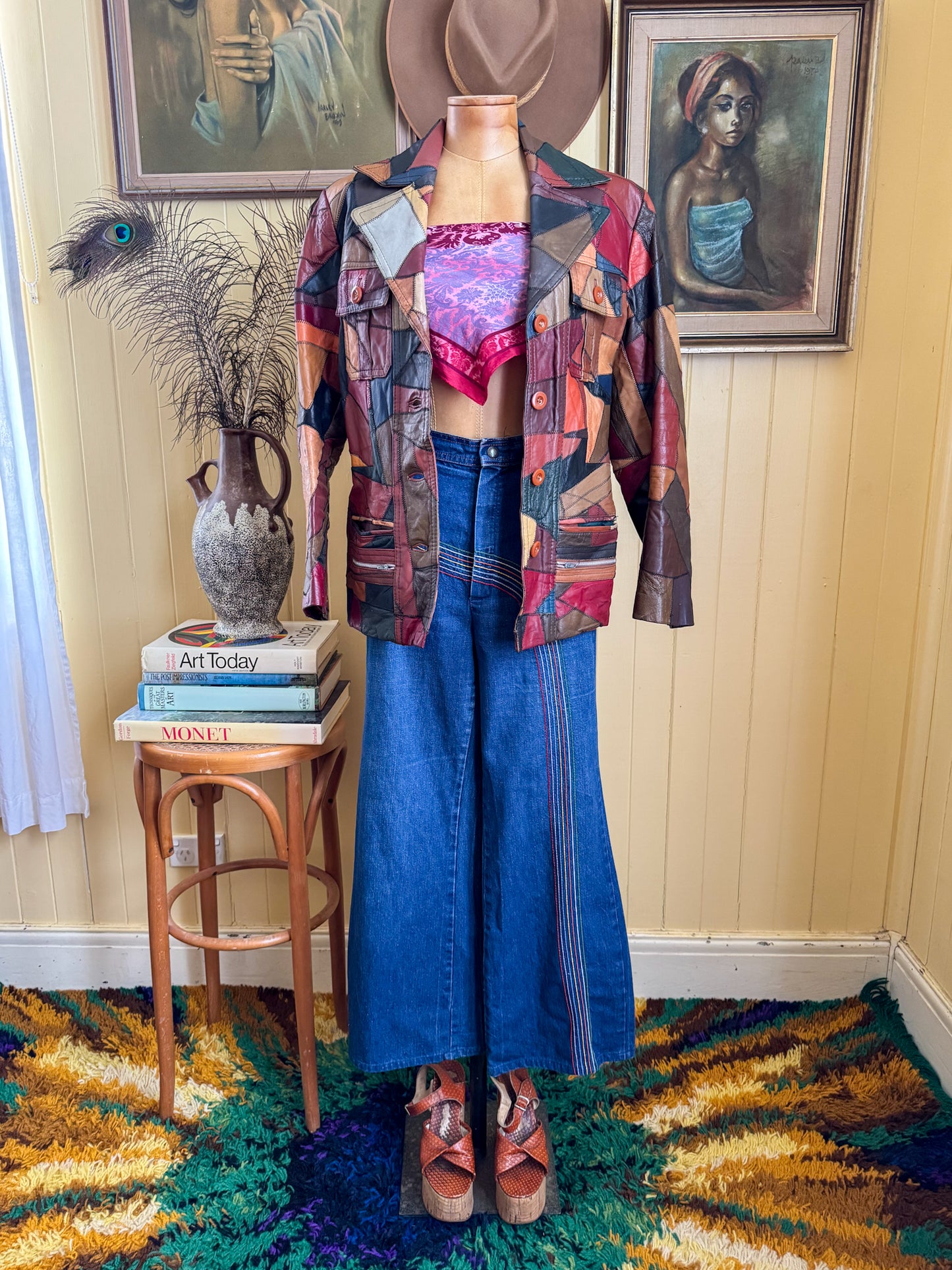 VINTAGE 1970S KOREAN PATCHWORK LEATHER SAFARI BELTED JACKET M