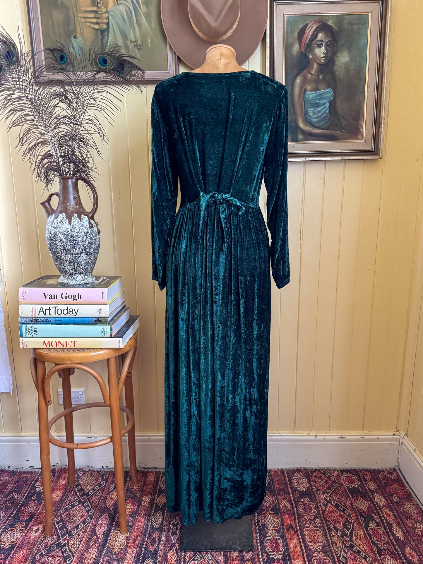 VINTAGE 1990S BANJARA RAYON CRUSHED VELVET EMBROIDERED DRESS S/M
