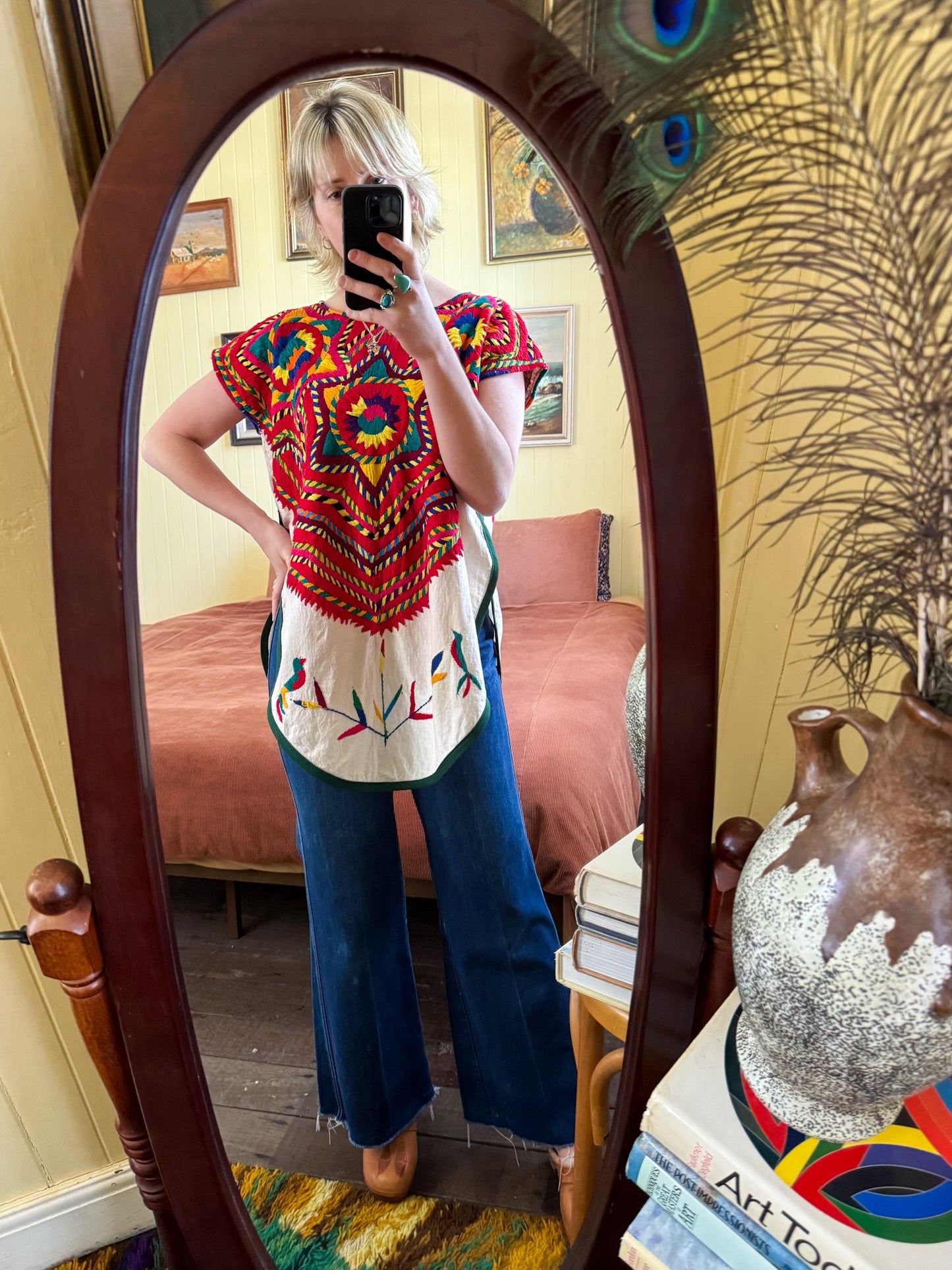 VINTAGE GUATEMALAN EMBROIDERED WOVEN COTTON HUIPIL OOAK PONCHO TOP M/L