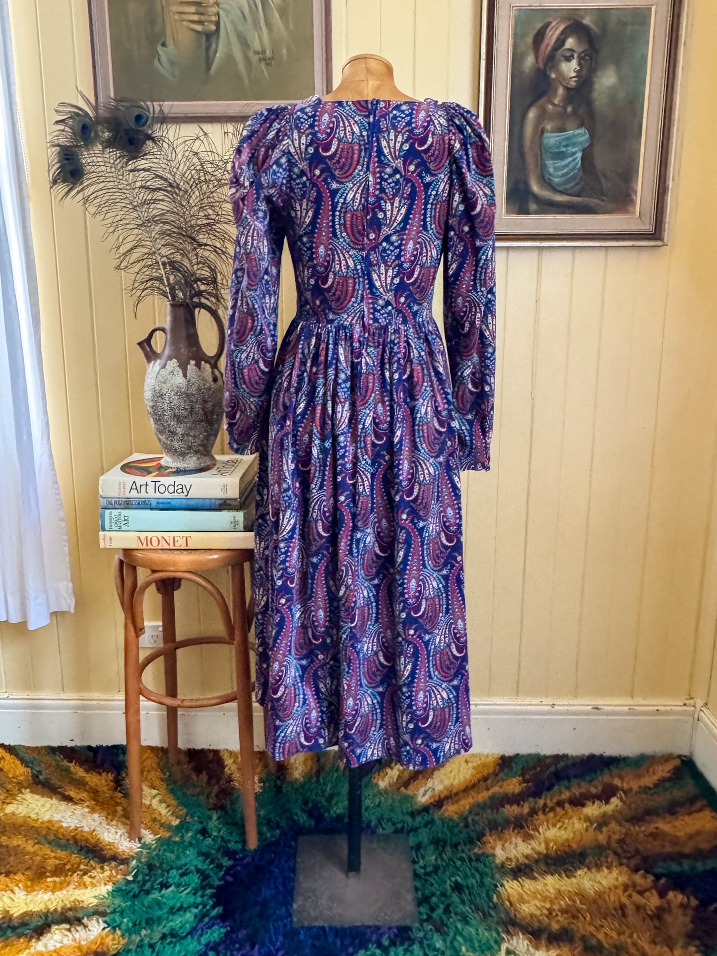 VINTAGE 1980S ENGLISH LAURA ASHLEY COTTON CORDUROY PAISLEY PRAIRIE DRESS S