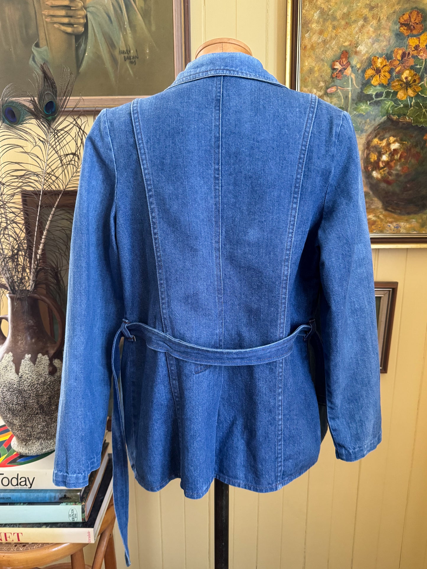 VINTAGE 1970S TARGET BRADMILL COTTON DENIM FITTED BELTED SHIRT JACKET S/M