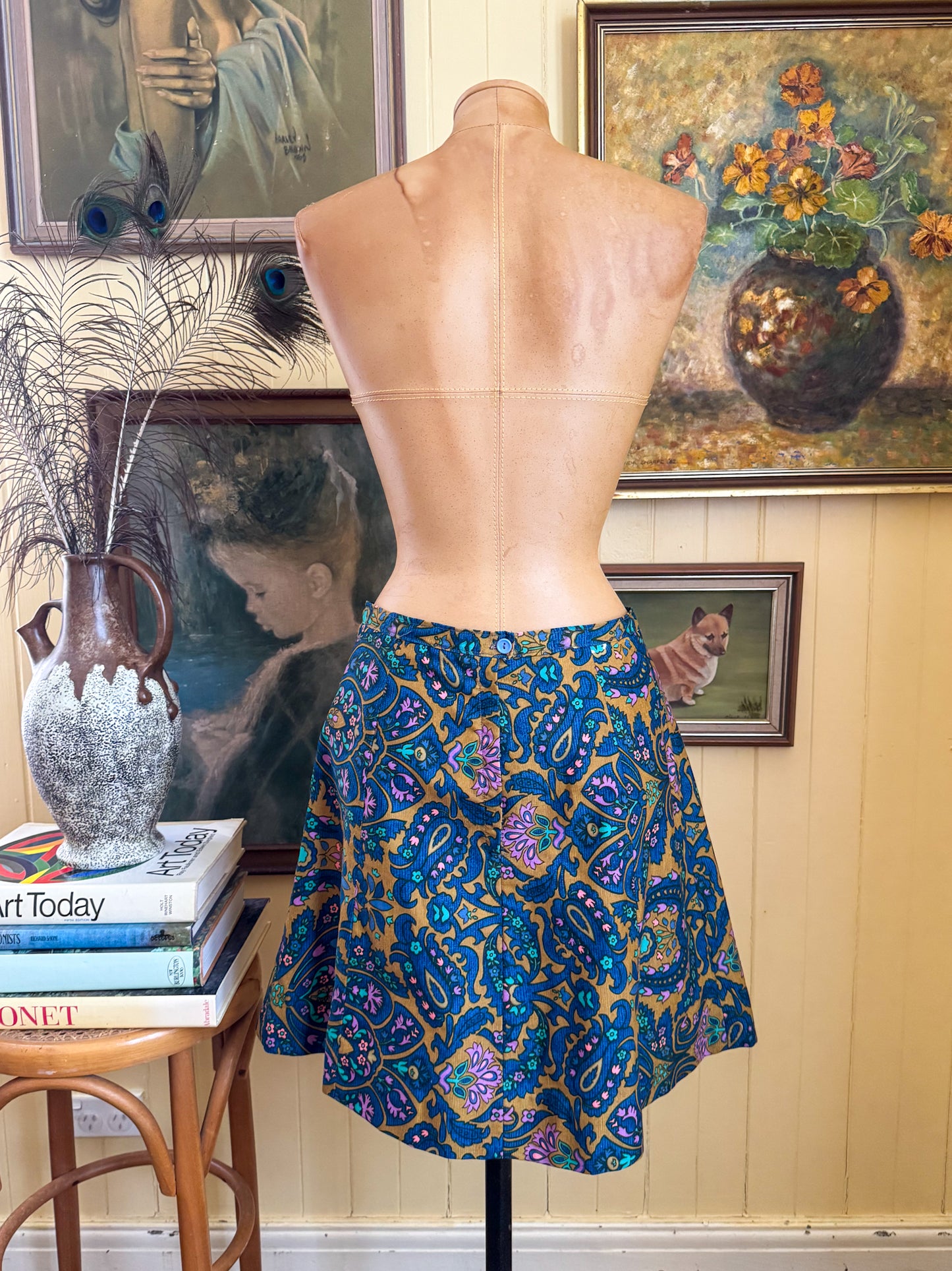 VINTAGE 1970S HANDMADE COTTON PAISLEY PRINT A-LINE MINI SKIRT S/M