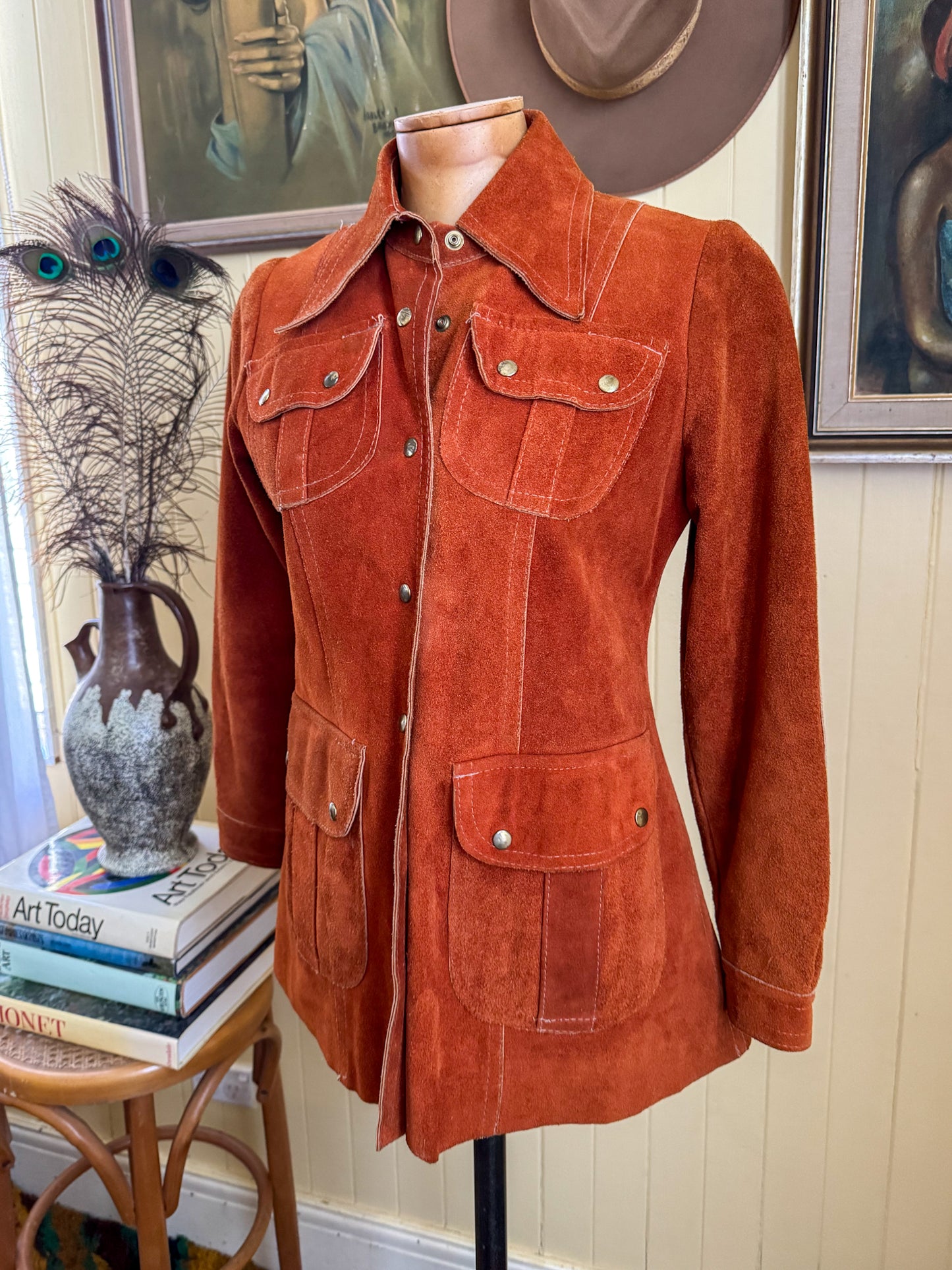 VINTAGE 1970S DAWN LEATHERCRAFT NEW YORK SUEDE LEATHER TAILORED JACKET XS