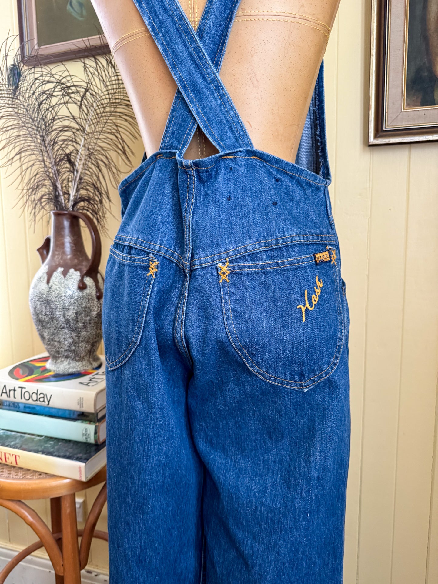 VINTAGE 1970S HASH COTTON DENIM WIDE LEG DUNGAREES OVERALLS M