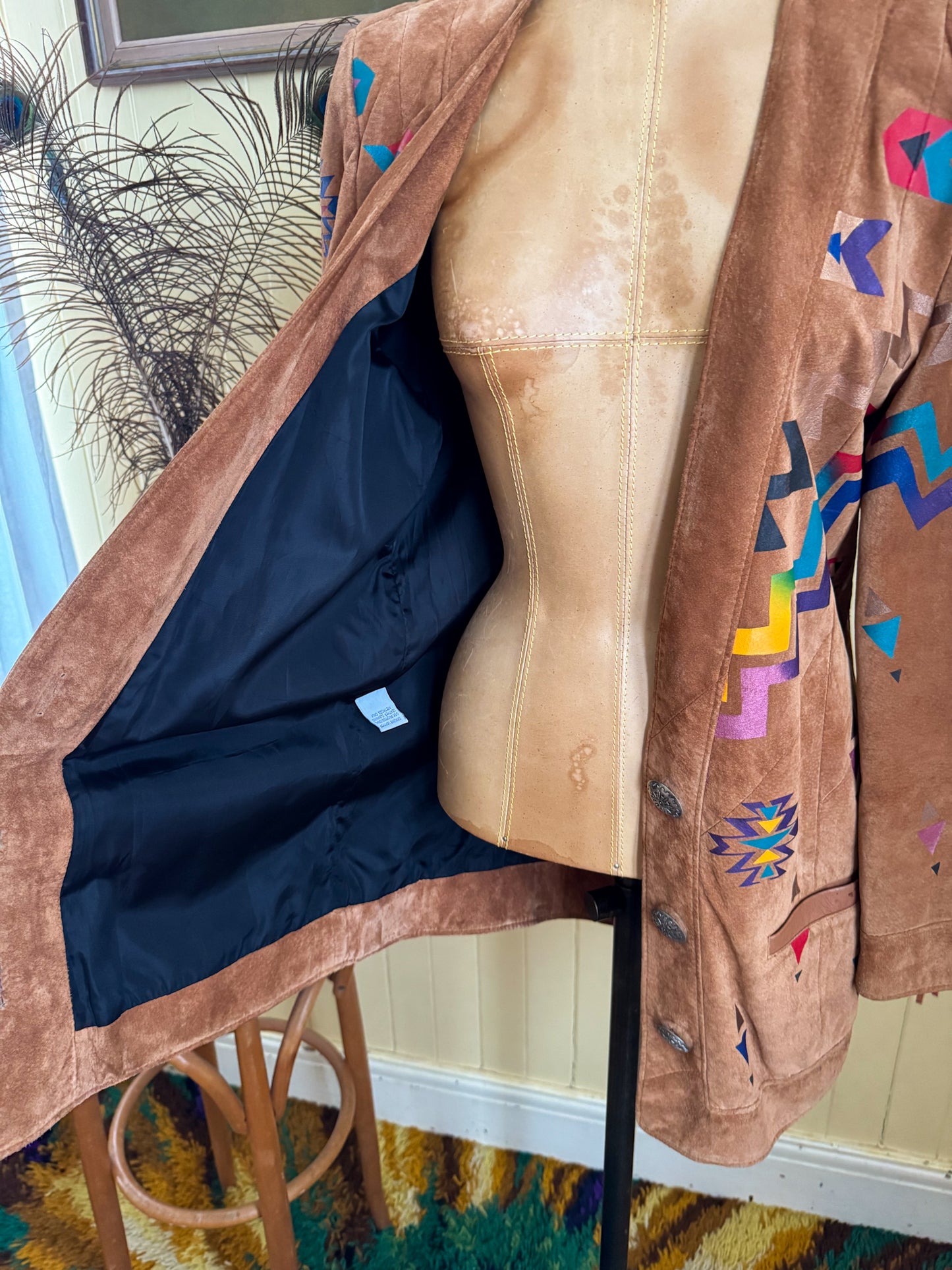 VINTAGE 1980S PANACHE SUEDE FRINGED PAINTED WESTERN JACKET S/M