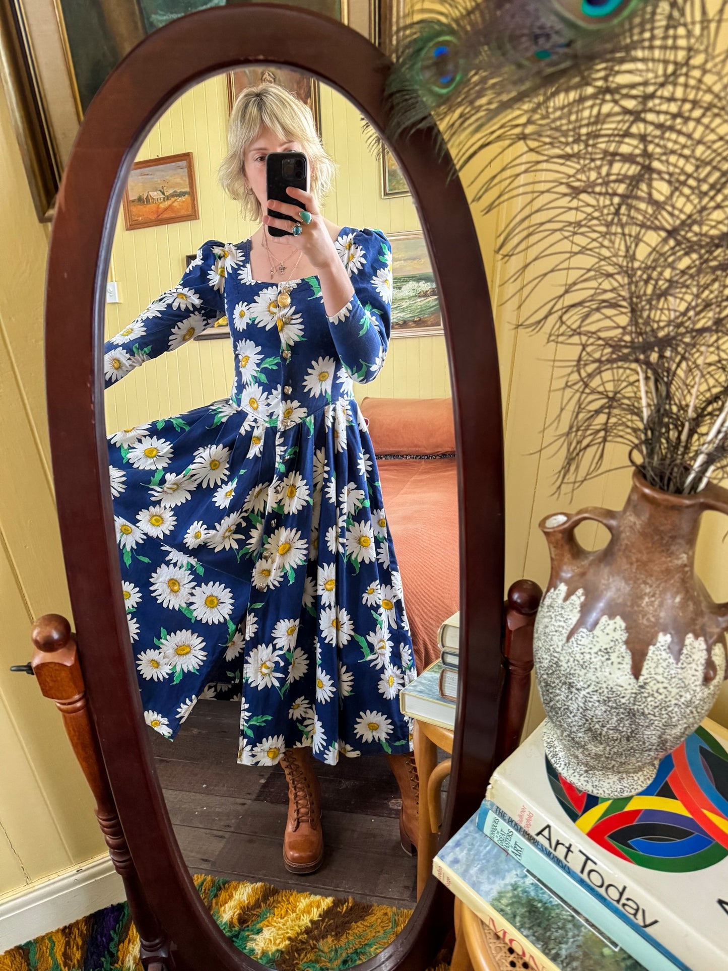 VINTAGE 1980S ASTRID PRIOR DAISY FLORAL PRINT PRAIRIE DRESS M