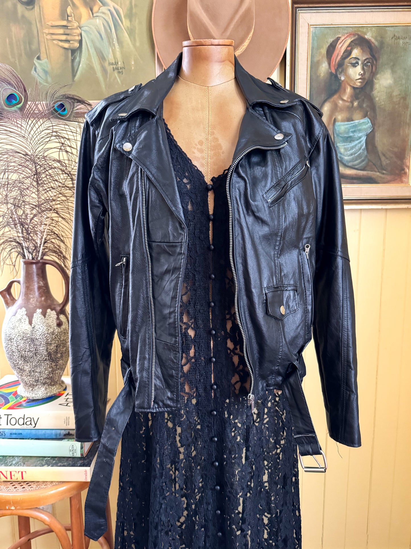 VINTAGE 1980S GIORGIO FIRMANI BLACK LEATHER MOTORCYCLE JACKET M