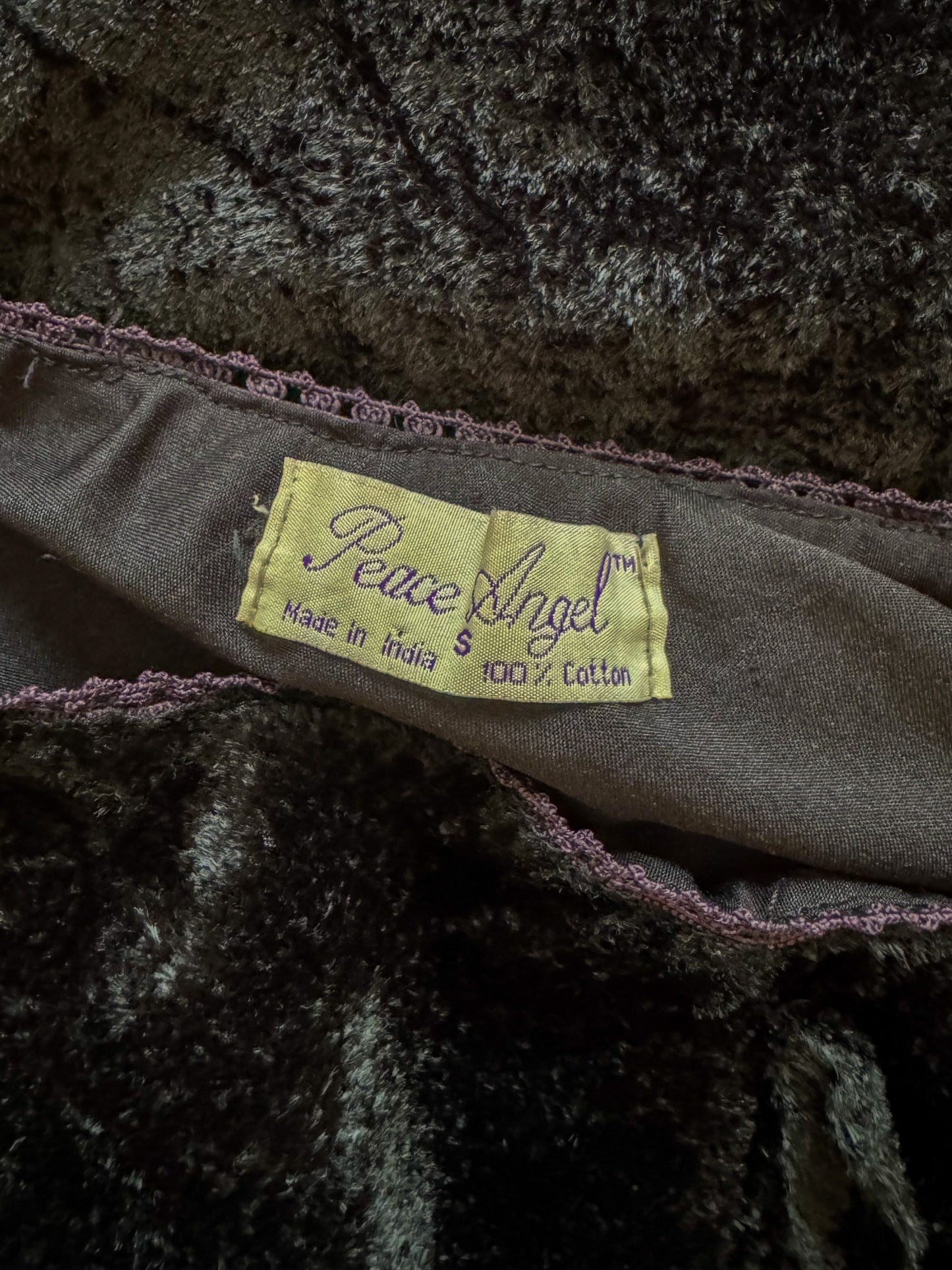 VINTAGE 1990S PEACE ANGEL INDIAN COTTON VELVET HANKY HEM MIDI SKIRT M