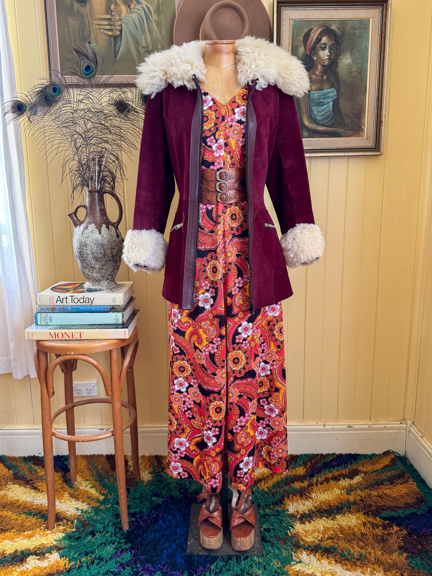 VINTAGE 1970S PLUM SUEDE LEATHER FLUFFY SHEARLING PENNY LANE JACKET S/M