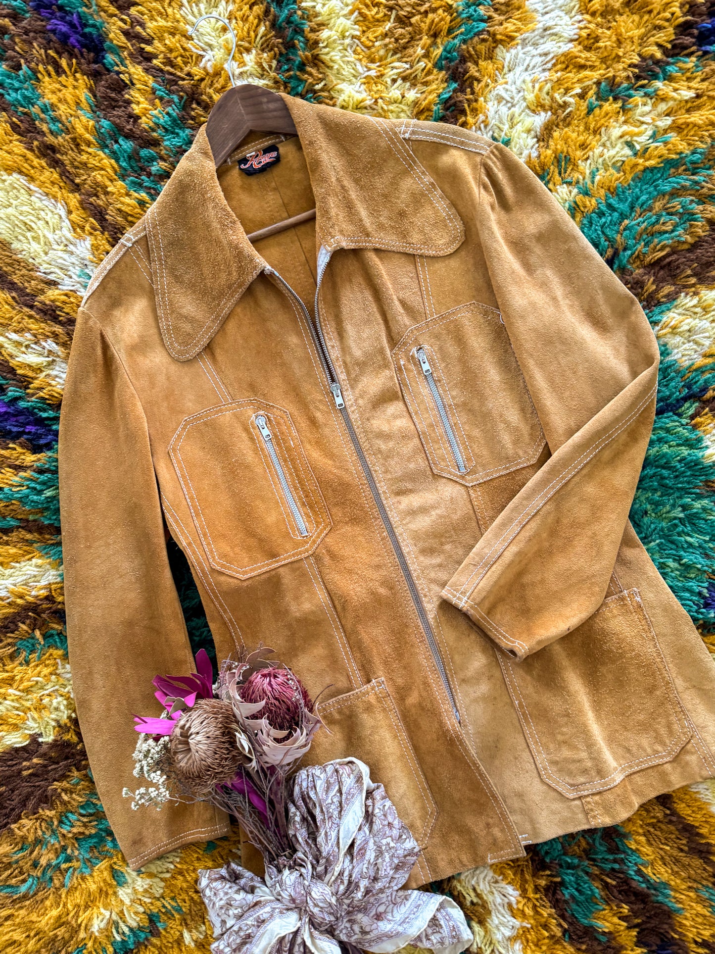 VINTAGE 1970S RAGE MUSTARD SUEDE LEATHER OVERSIZED COLLAR TAILORED JACKET L
