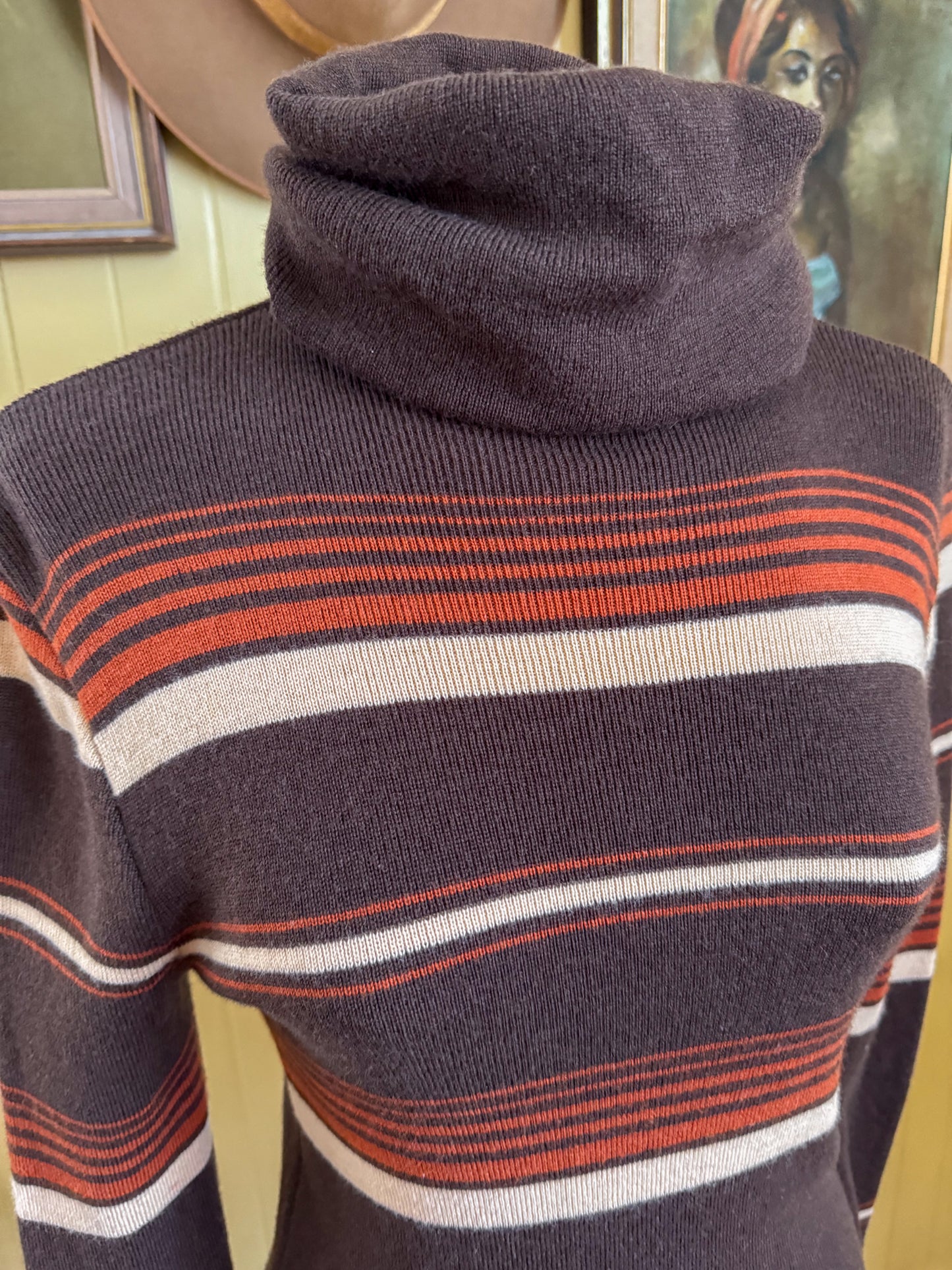 VINTAGE 1970S SPORTSCRAFT WOOLLEN KNIT ROLL NECK STRIPED JUMPER M/L