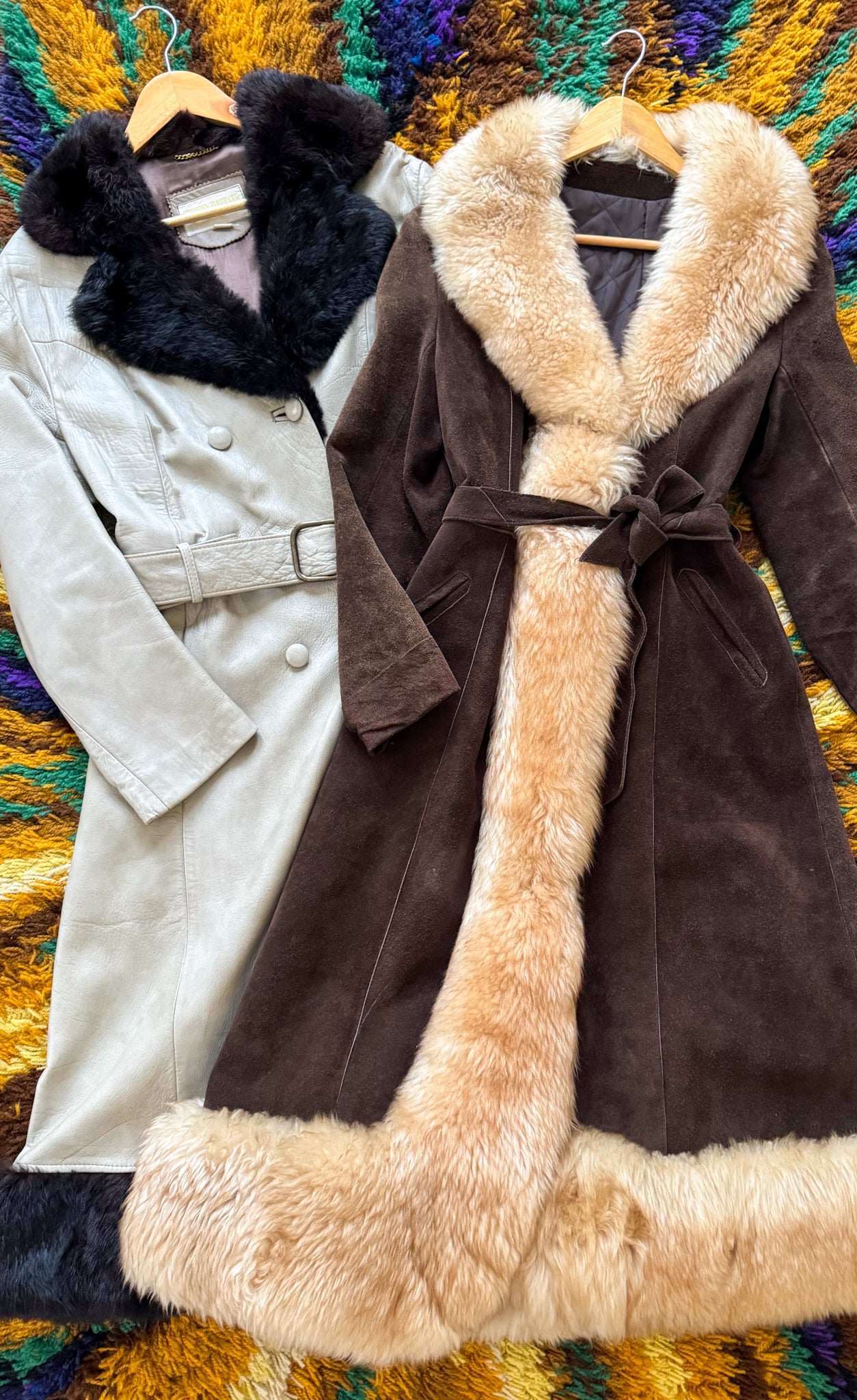VINTAGE 1970S CHOCOLATE BROWN SUEDE LEATHER LONGLINE PENNY LANE SHEARLING COAT S