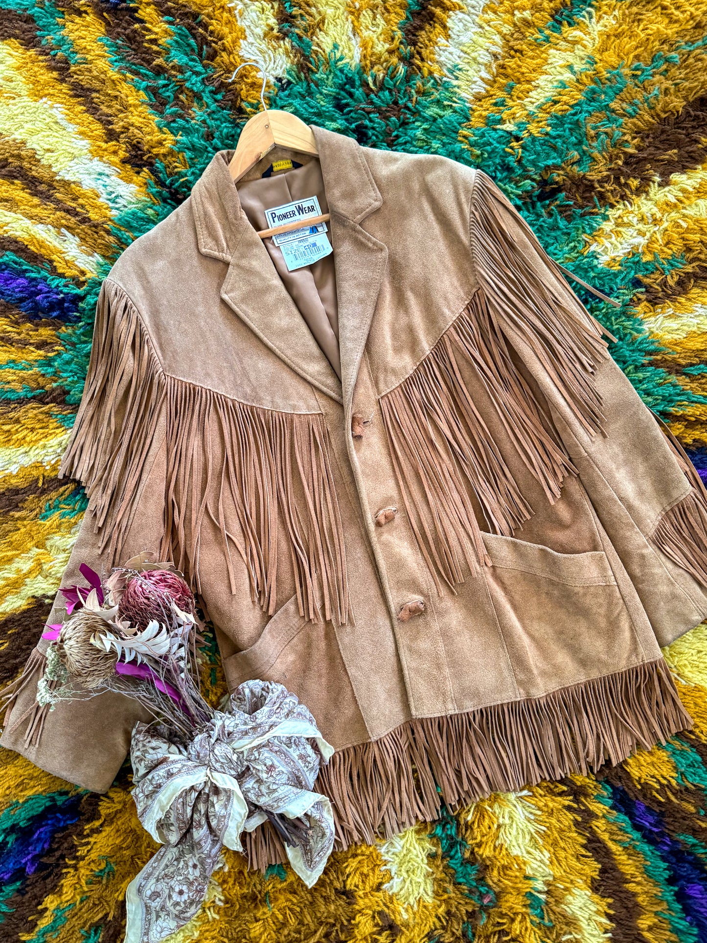 VINTAGE 1980S PIONEER WEAR SUEDE FRINGED WESTERN JACKET XL