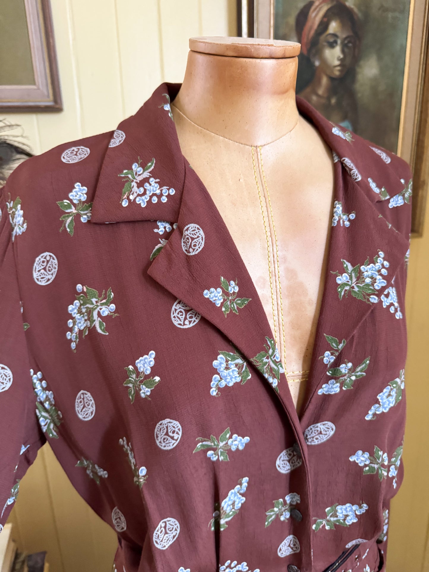 VINTAGE 1970S GAIL GARNER COLD RAYON FLORAL PRINT MAXI SHIRT DRESS M/L