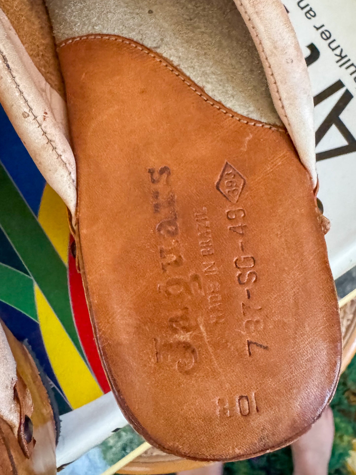 VINTAGE BRAZILIAN NATURAL TAN LEATHER WOODEN CLOGS 10/41
