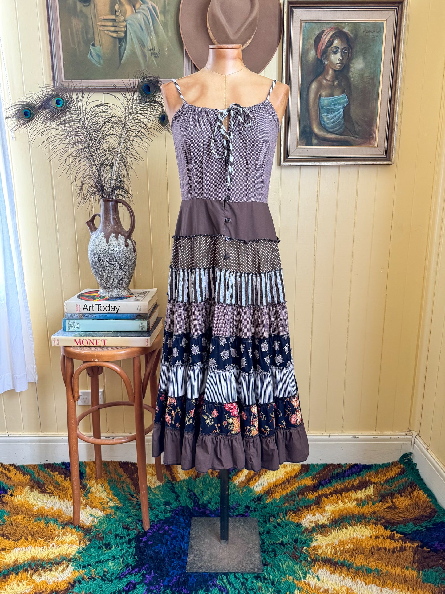 VINTAGE 1970S PRUE ACTON COTTON PATCHWORK TIERED MIDI SUN DRESS S