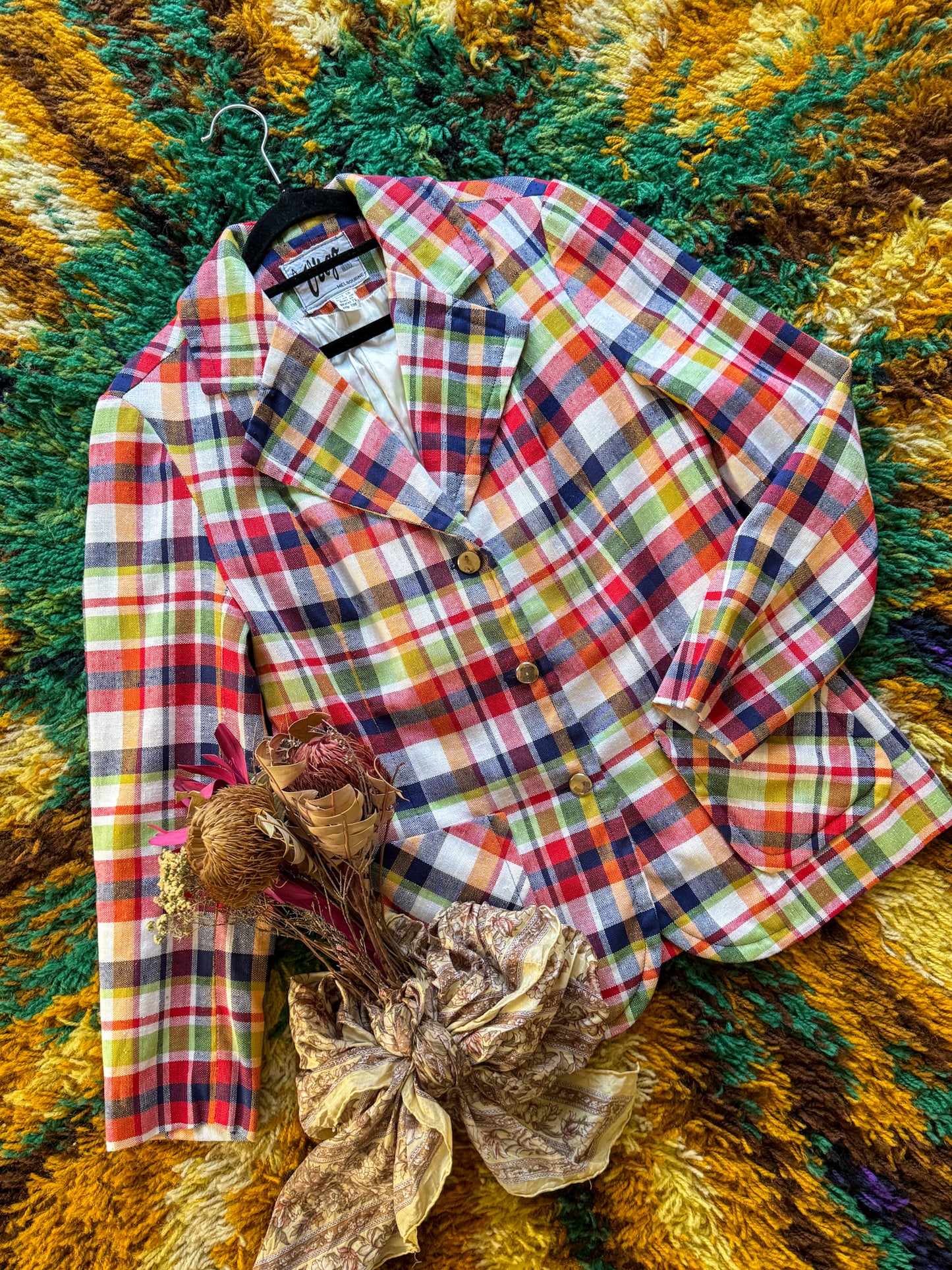 VINTAGE 1970S VIRGO COTTON PLAID DAGGER COLLAR BLAZER JACKET M