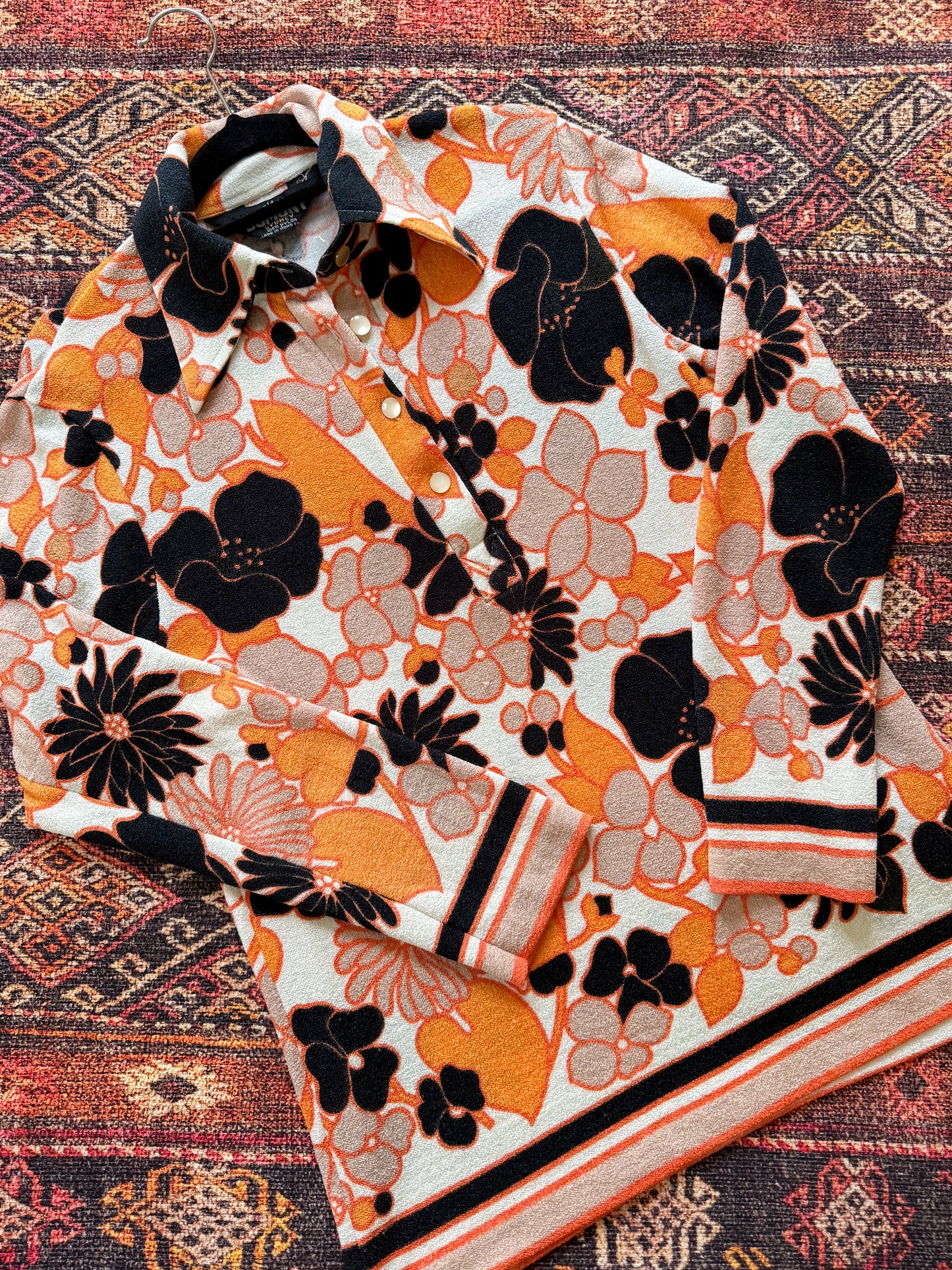 VINTAGE 1970S DOMONY PSYCHEDELIC PRINT COLLARED TUNIC TOP M/L