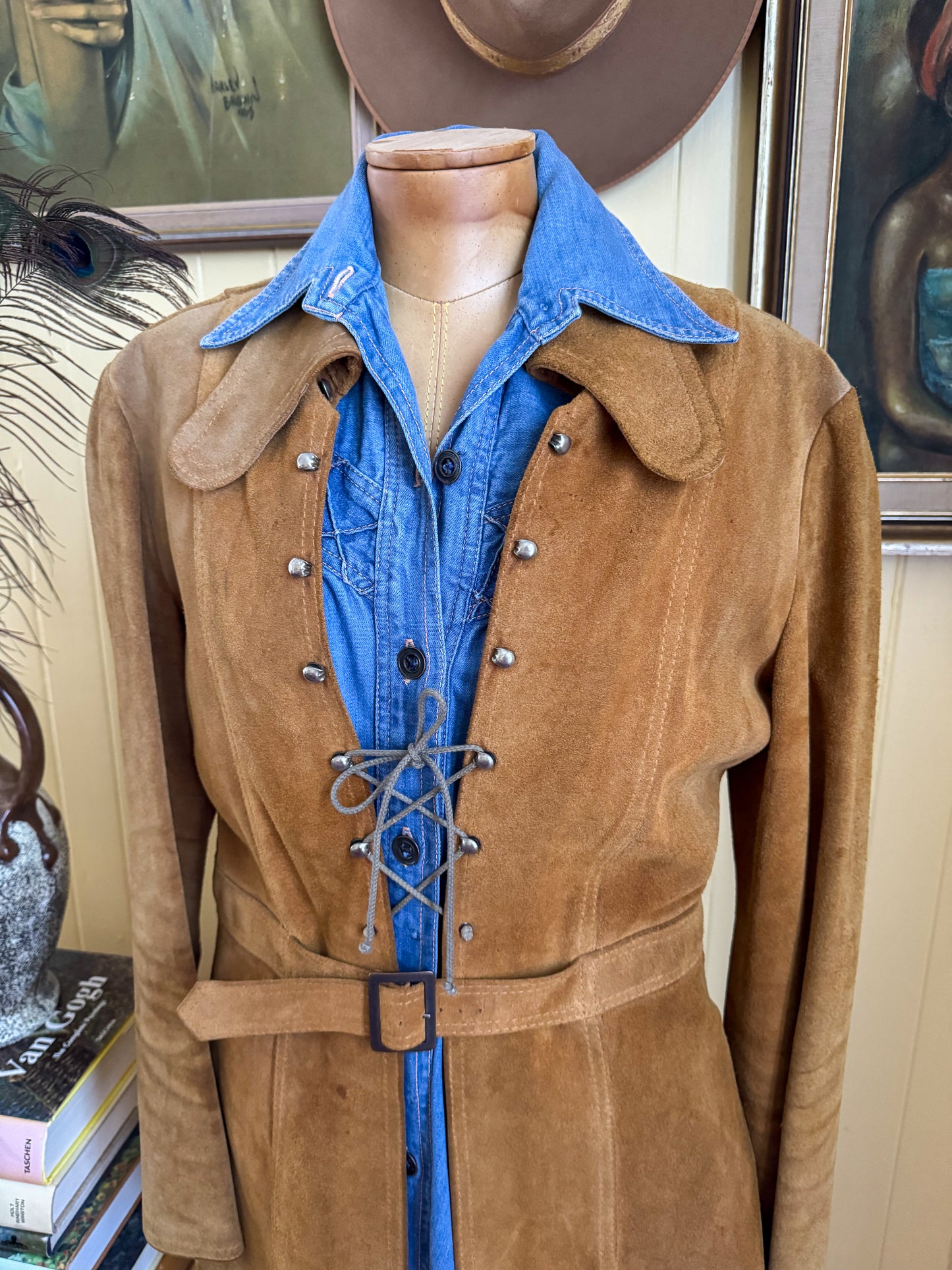 VINTAGE 1970S SUNDANCE COTTON DENIM BUTTON THROUGH MIDI SHIRT DRESS S