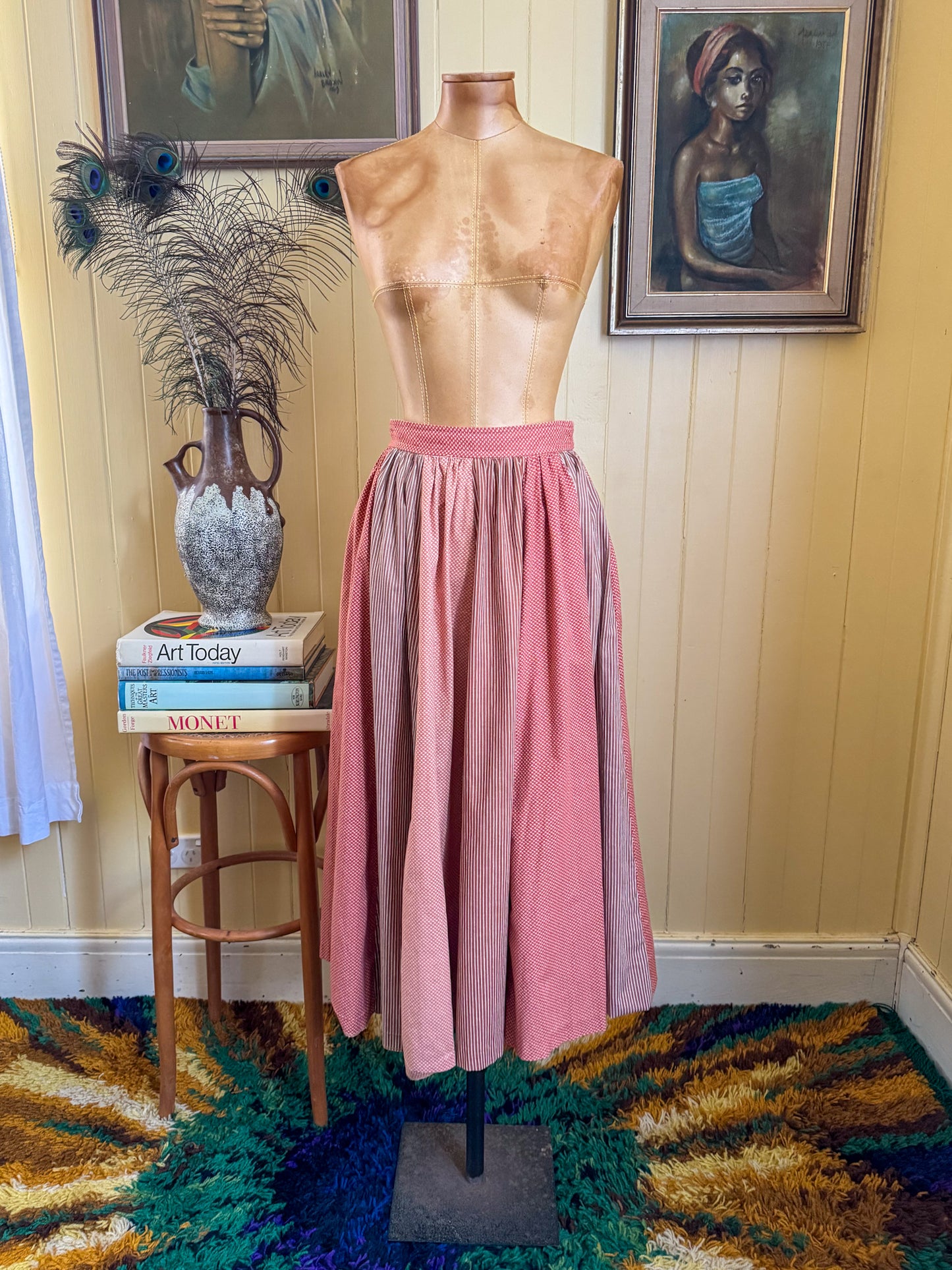 VINTAGE 1970S PRUE ACTON COTTON SPLICED PRINT PEASANT MIDI SKIRT XS