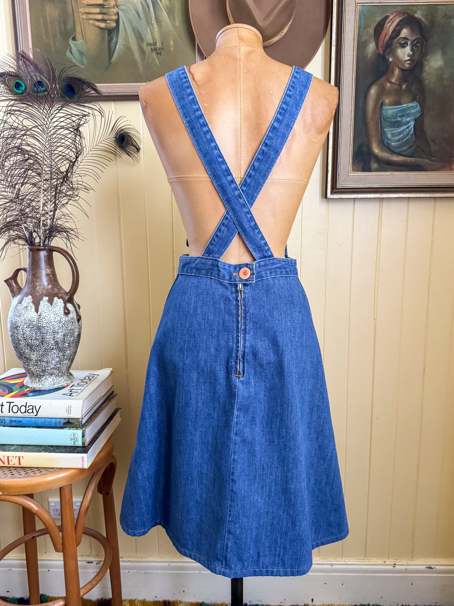VINTAGE 1970S LANDLUBBER DENIM SUSPENDER PINAFORE DRESS XS/S