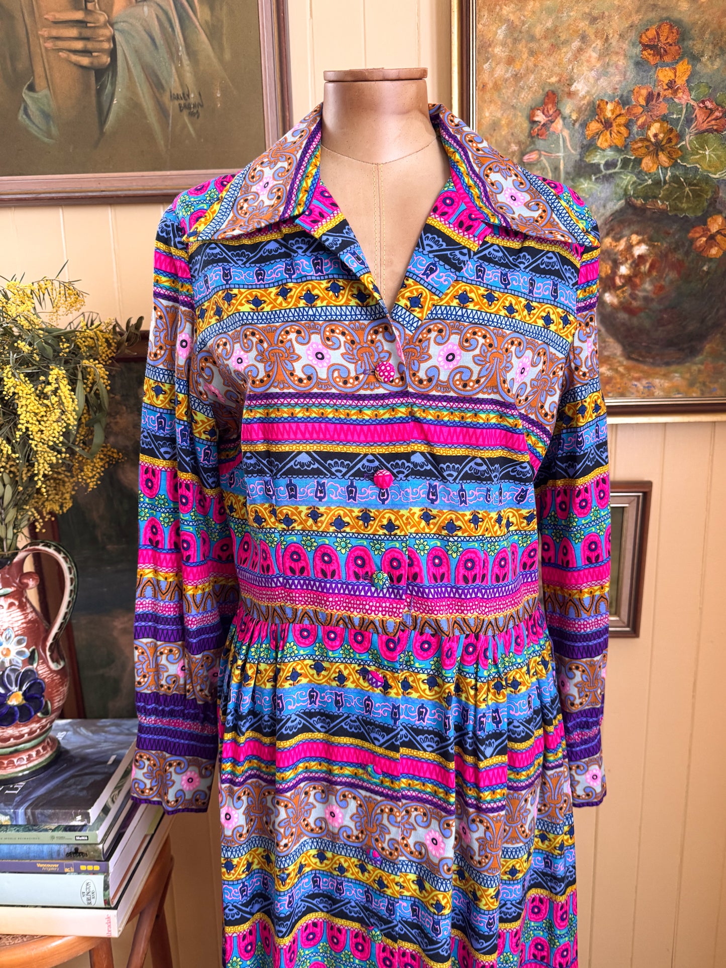VINTAGE 1970S ALEX COLEMAN PSYCHEDELIC PRINT BUTTON THROUGH BELTED MAXI SHIRT DRESS M/L