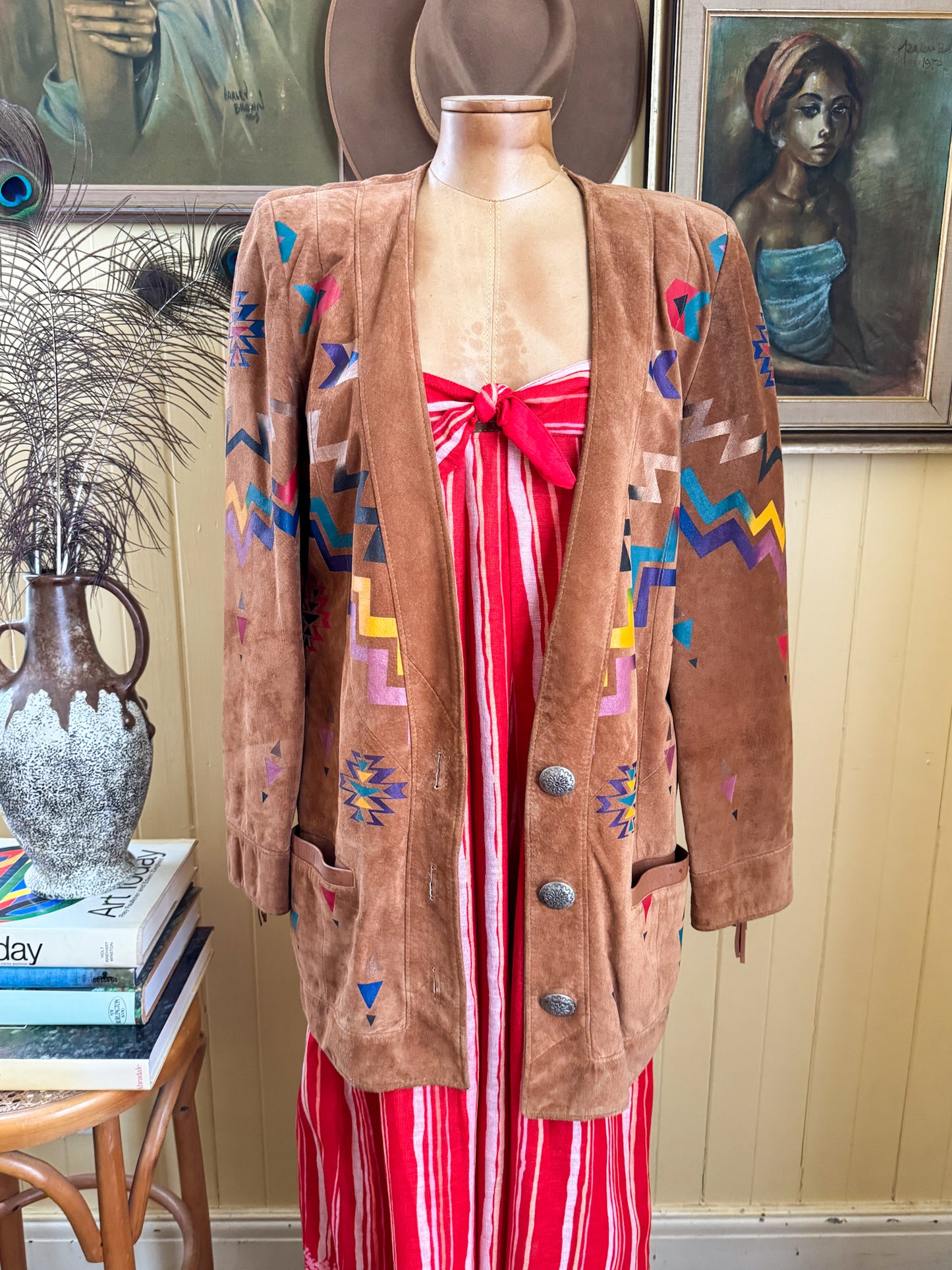 VINTAGE 1980S PANACHE SUEDE FRINGED PAINTED WESTERN JACKET S/M