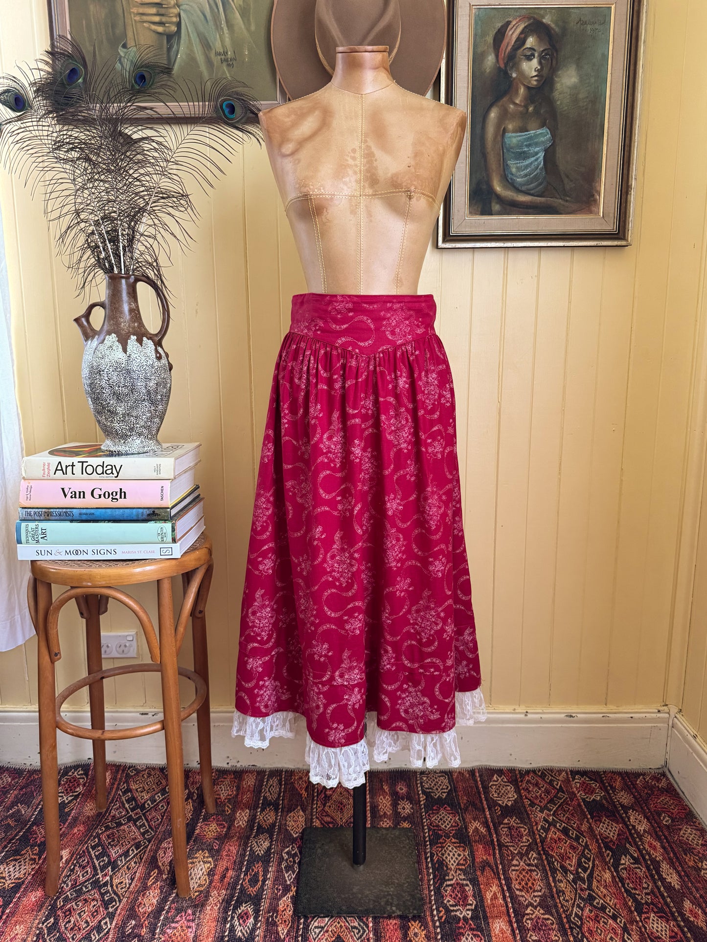 VINTAGE 1980S GUNNE SAX BY JESSICA MCCLINTOCK COTTON FLORAL LACE PRAIRIE SKIRT M/L