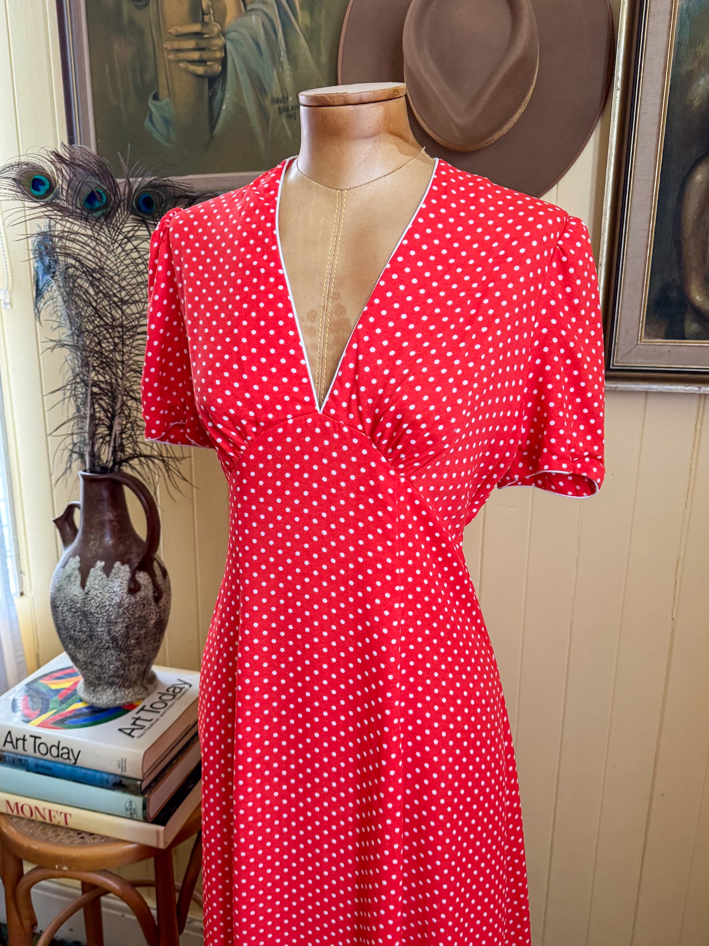 VINTAGE 1970S I-SPY POLY RED POLKA DOT PRINT MAXI DRESS S