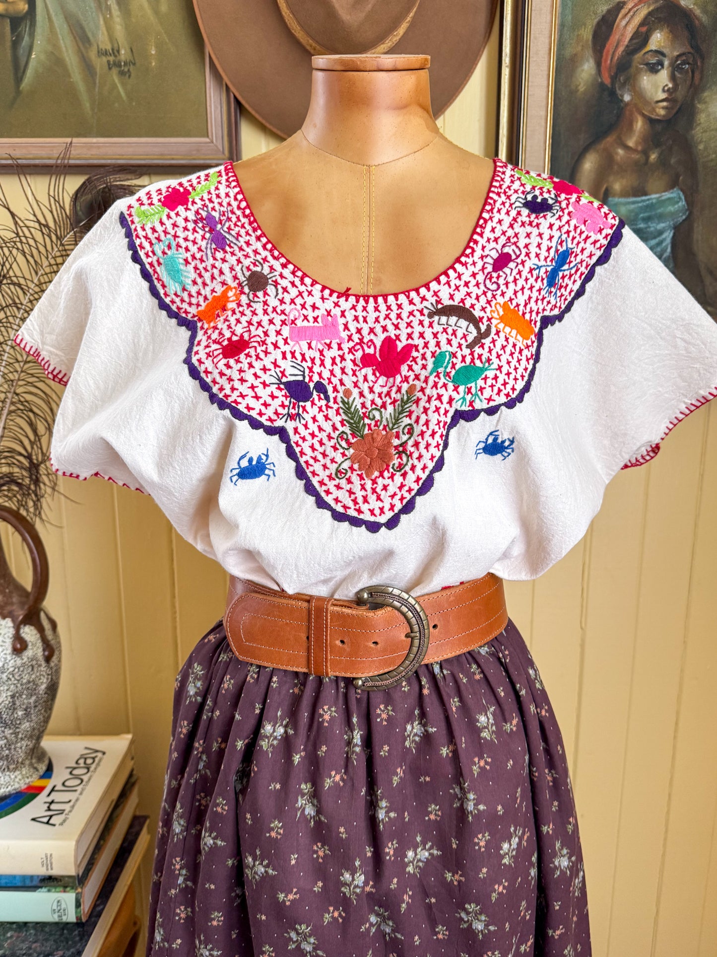 HANDMADE MEXICAN NATURAL COTTON EMBROIDERED HUIPIL TOP L/XL