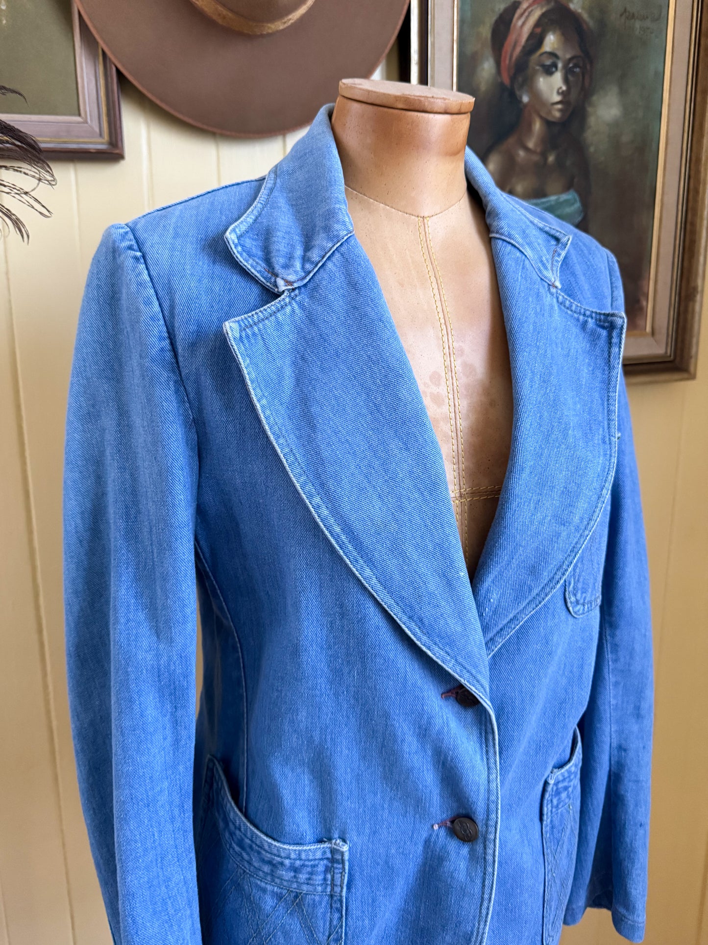 VINTAGE 1970S WALCO COTTON DENIM FITTED BLAZER JACKET S/M