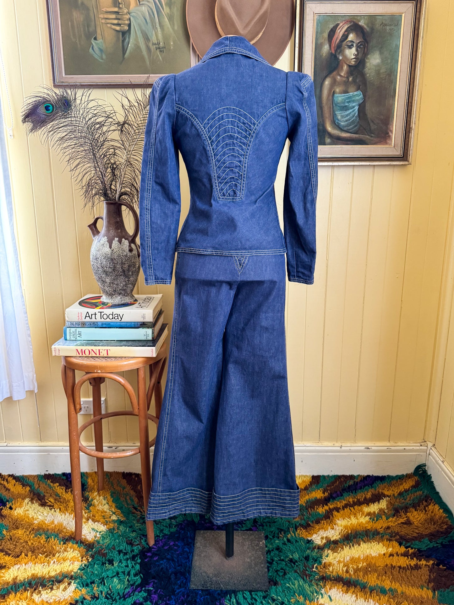 VINTAGE 1970S BILLY PLUNKETT DENIM JACKET AND FLARED JEANS SET XS