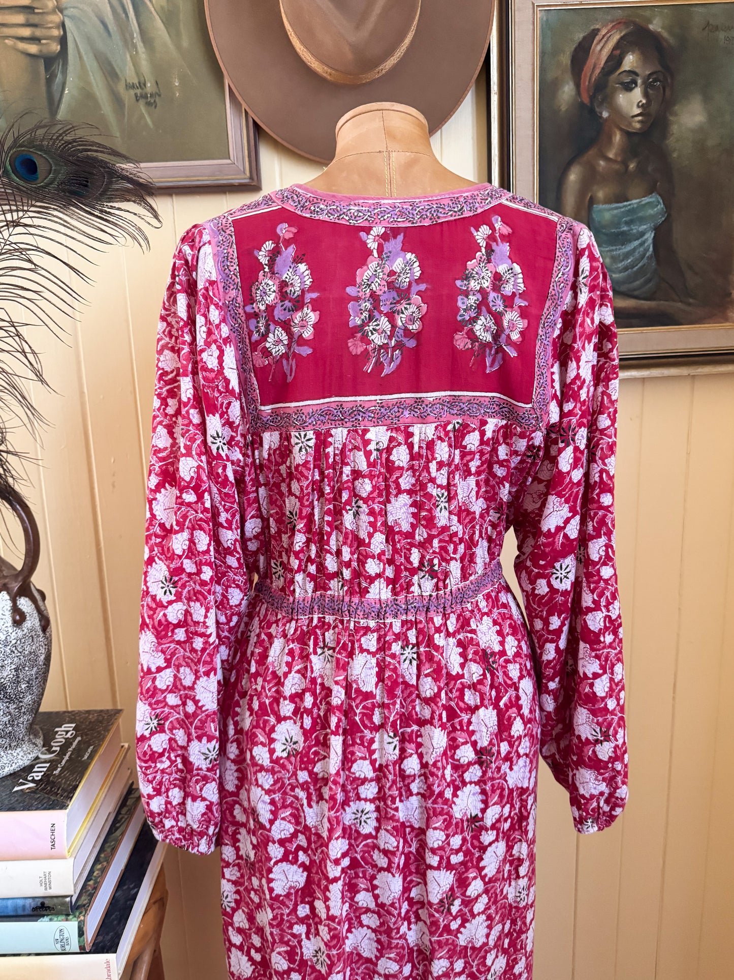 VINTAGE 1970S RARE INTERLINKS INDIAN COTTON GAUZE BLOCK PRINT MIDI DRESS M/L