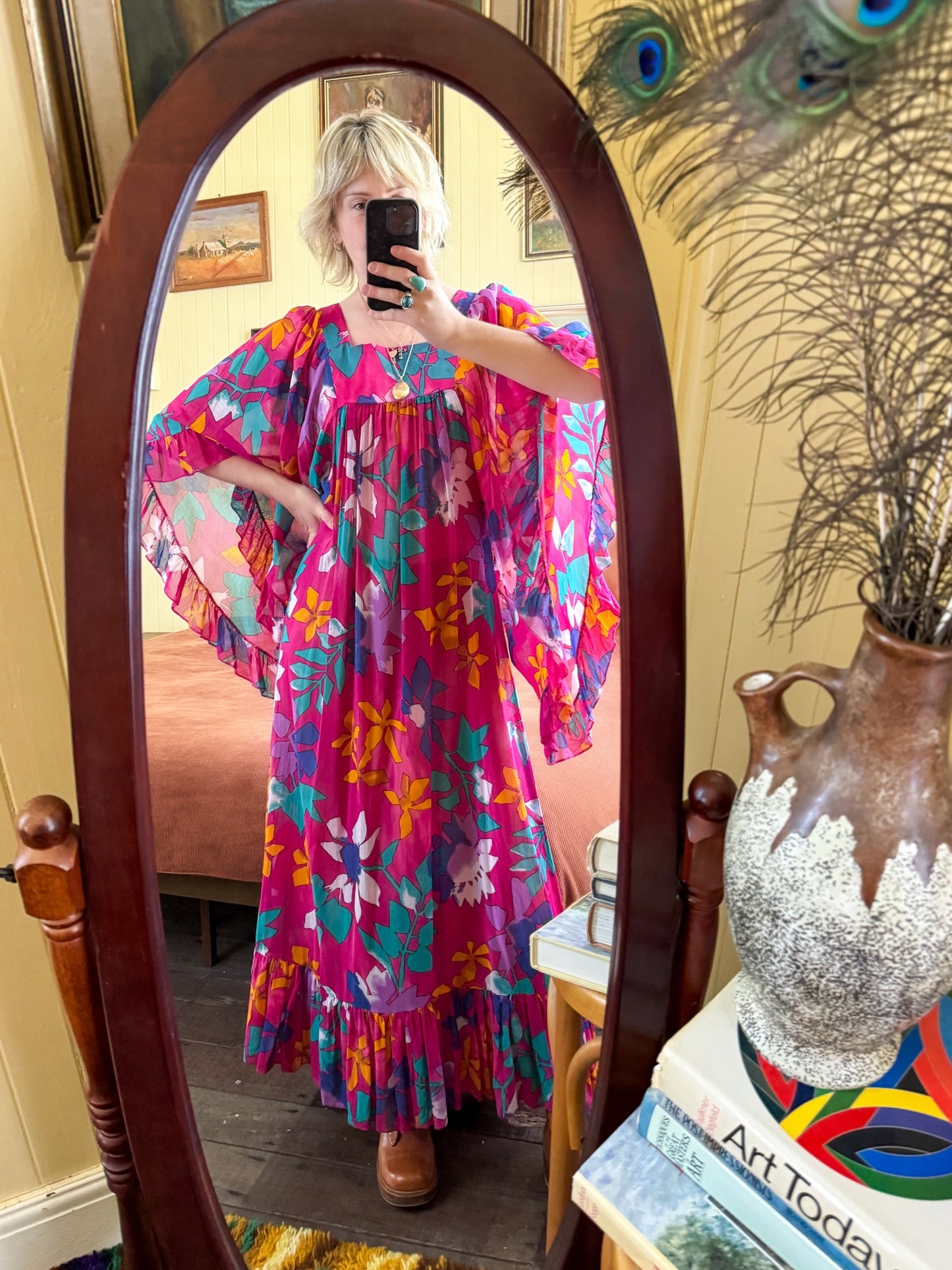 VINTAGE 1970S MISS JANTZEN FLORAL PRINT COTTON GAUZE ANGEL SLEEVE MAXI DRESS S/M/L