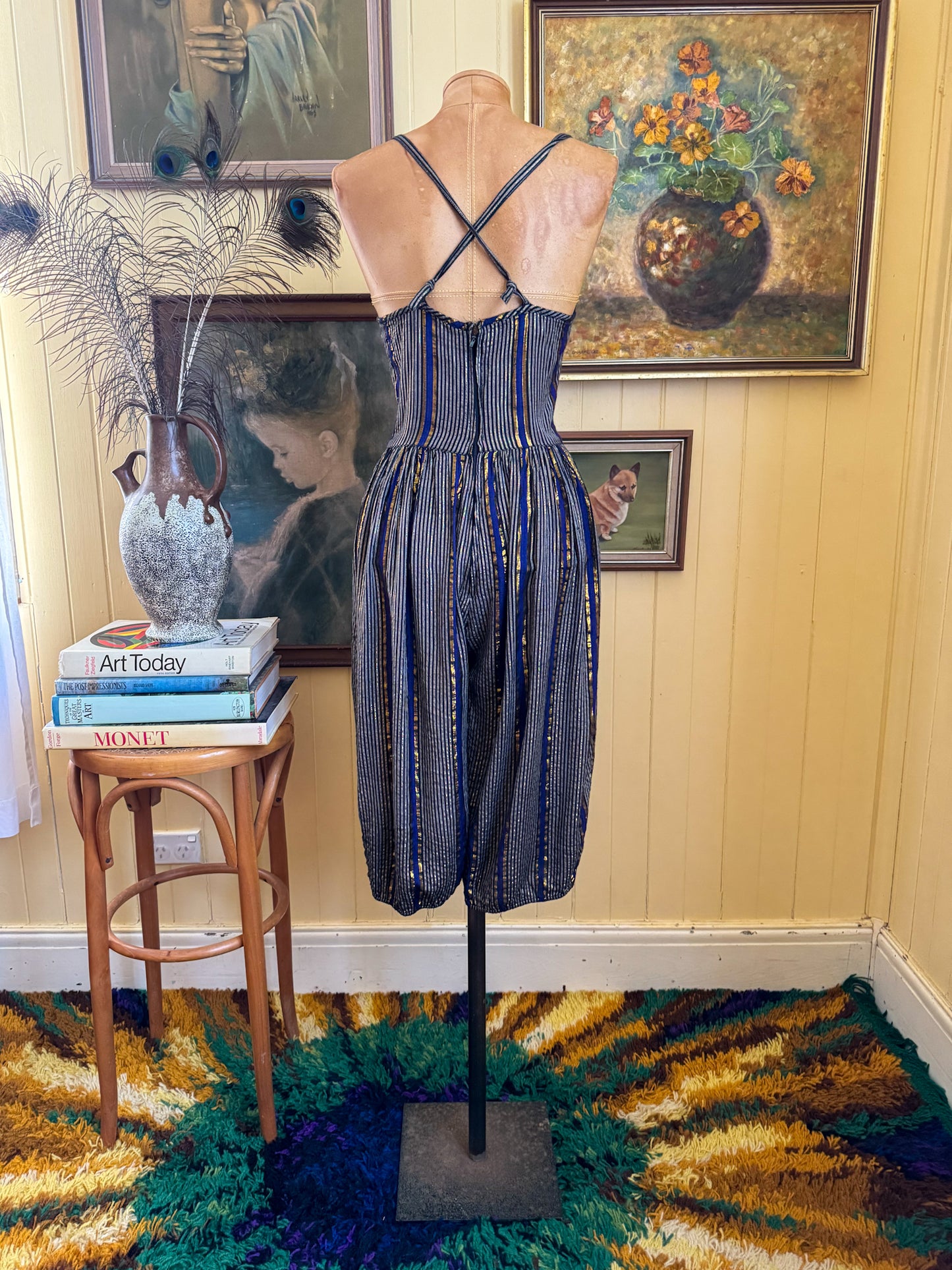 VINTAGE 1980S ADINI INDIAN COTTON LUREX STRAPPY CROPPED JUMPSUIT XS