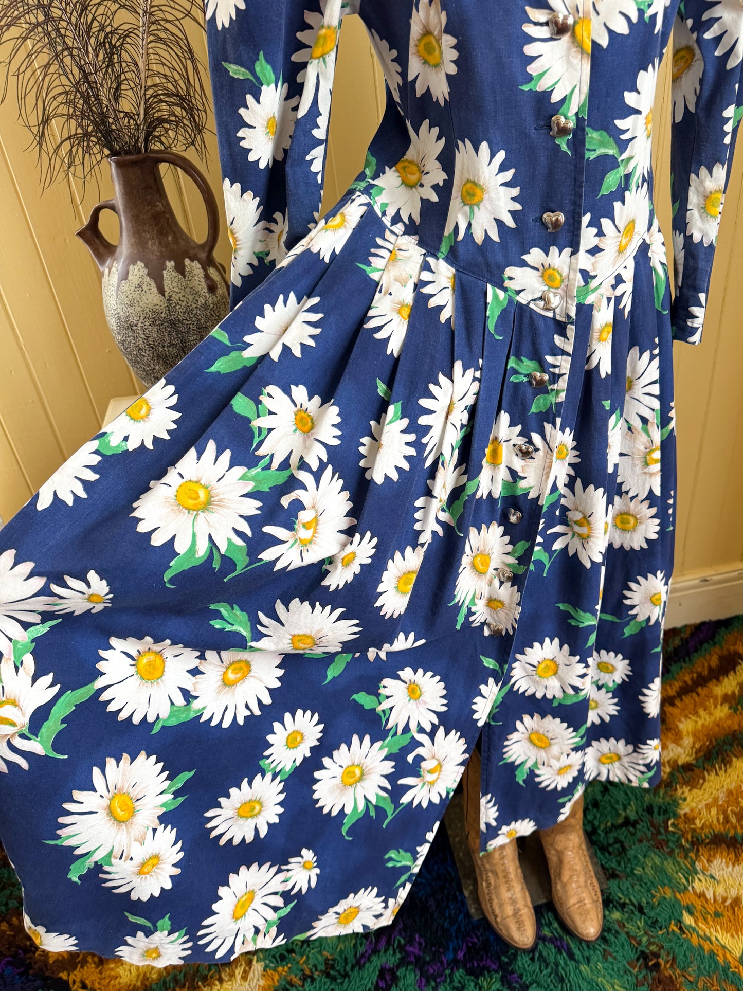 VINTAGE 1980S ASTRID PRIOR DAISY FLORAL PRINT PRAIRIE DRESS M